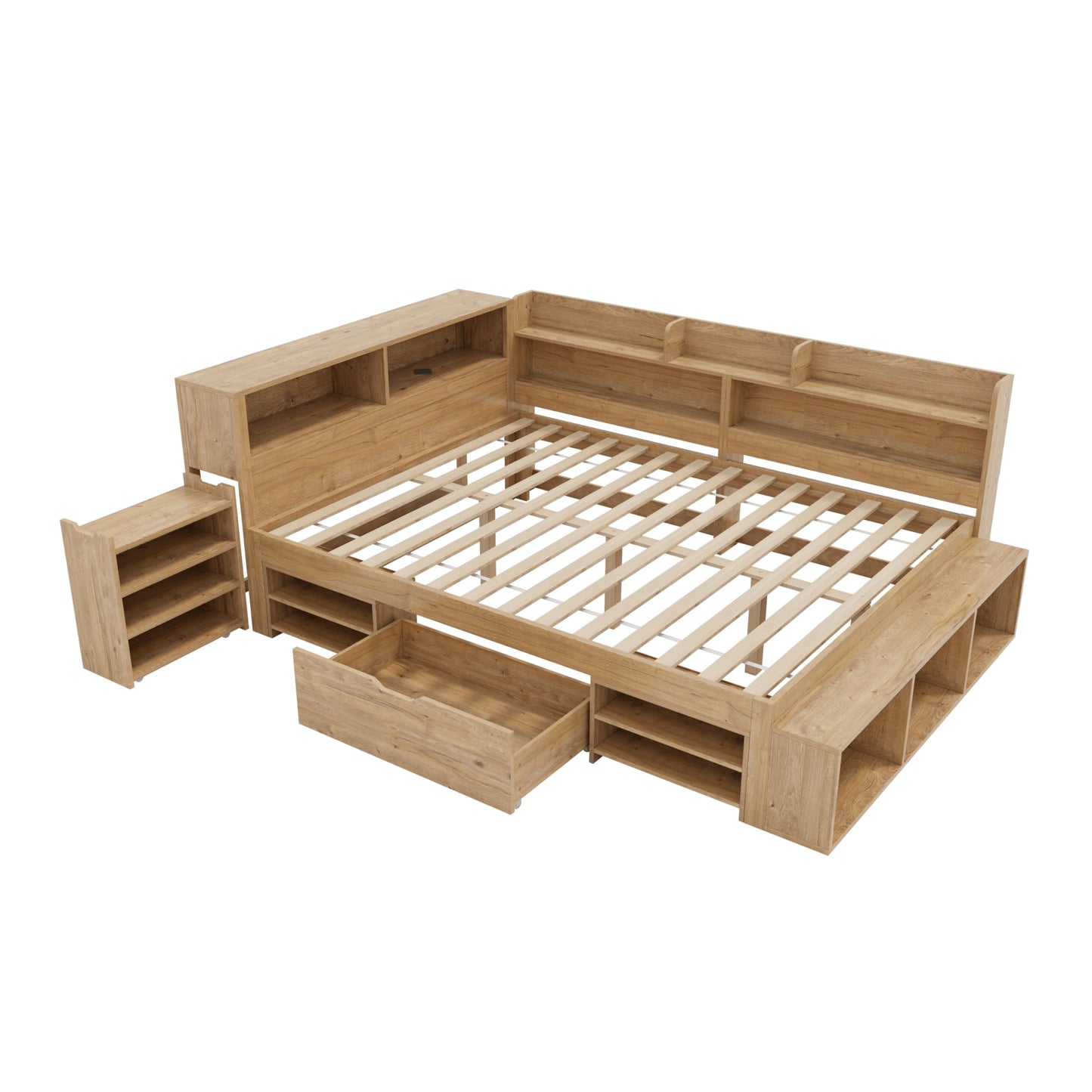 Children's Bed 90 x 200 cm, Wooden Bed with Drawers and Board, Headboard with Bookshelf and Fall Protection, Bed with Slatted Frame and Storage Space, Teenager's Bed, Functional Bed, Wooden Bed Frame,