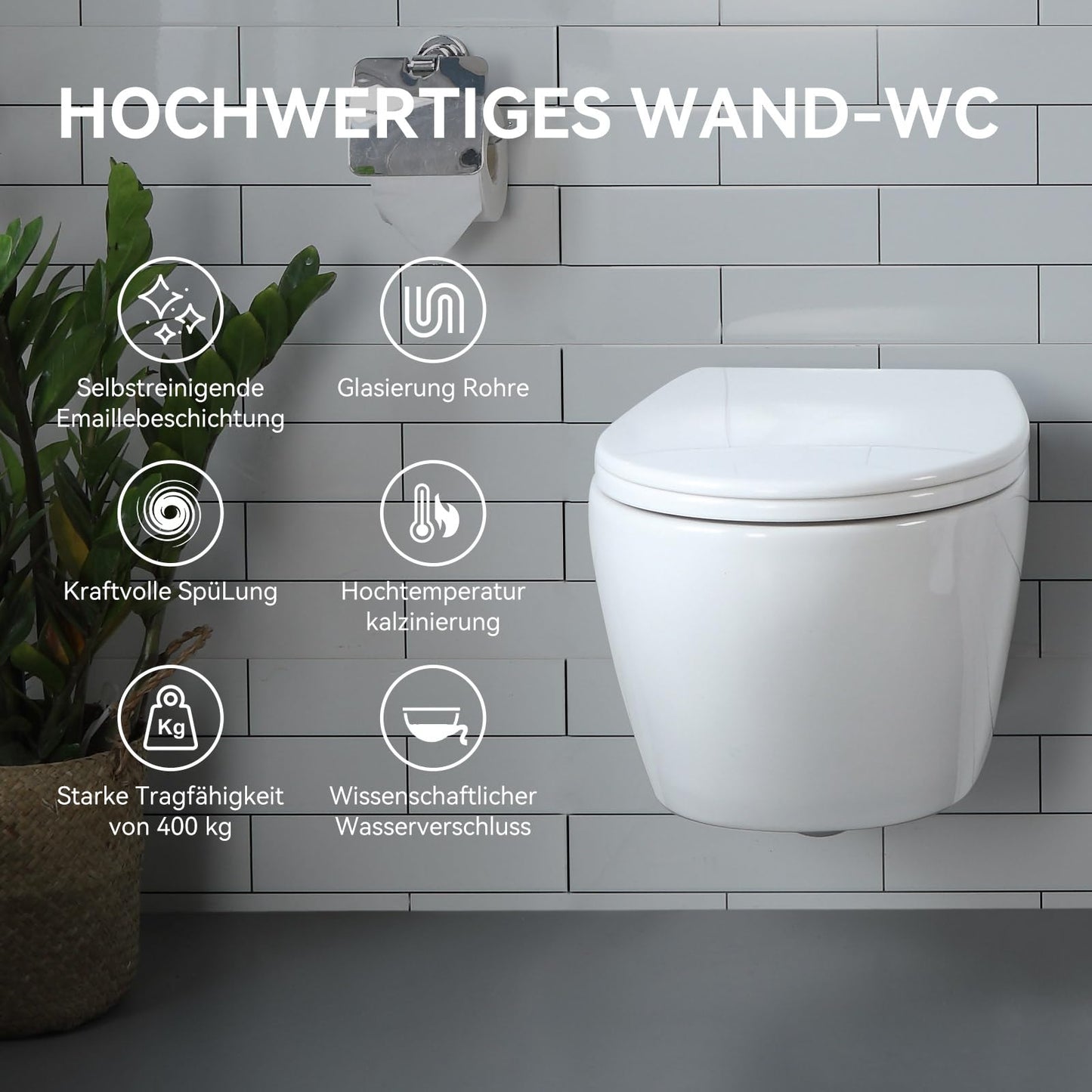 HOROW Wand WC Keramik Hänge WC Set Toiletten mit abnehmbaren Deckel sitz mit Absenkautomatik Hängetoilette, D-Form, kompakte Design Toilette Gästebad