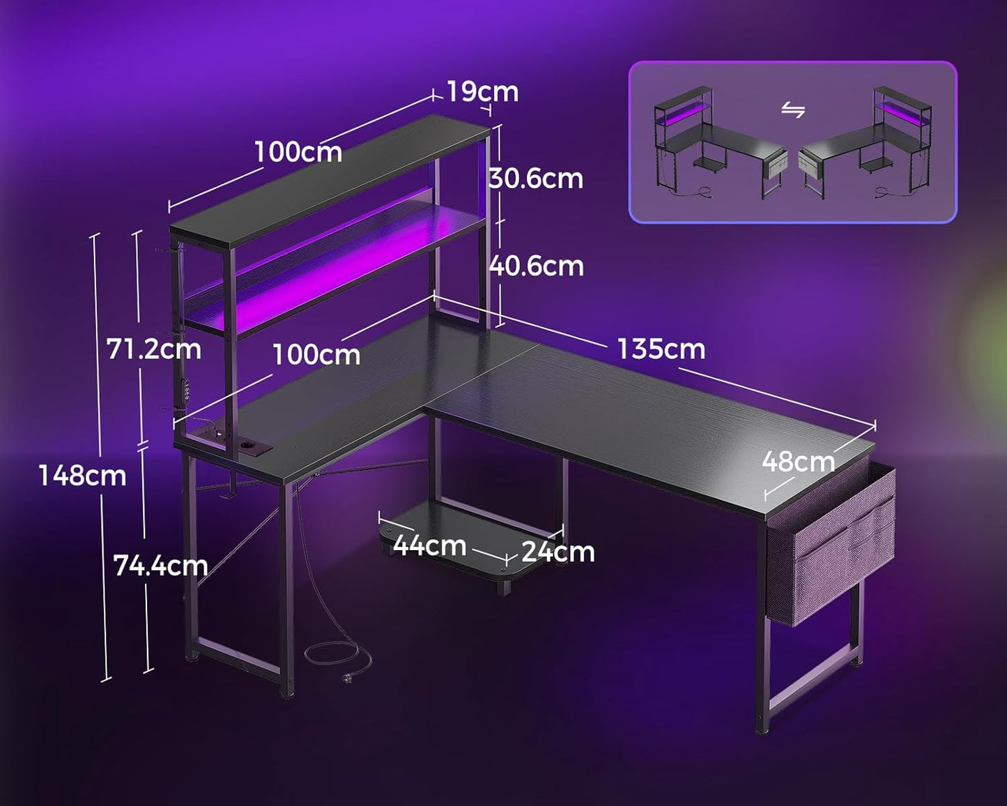 Coleshome Gaming Tisch L Form mit LED & Steckdosen, 135 × 100 cm Reversibel Gaming Schreibtisch mit Ablageregalen, Eckschreibtisch mit Aufbewahrungstasche für Homeoffice und Gaming, Schwarz