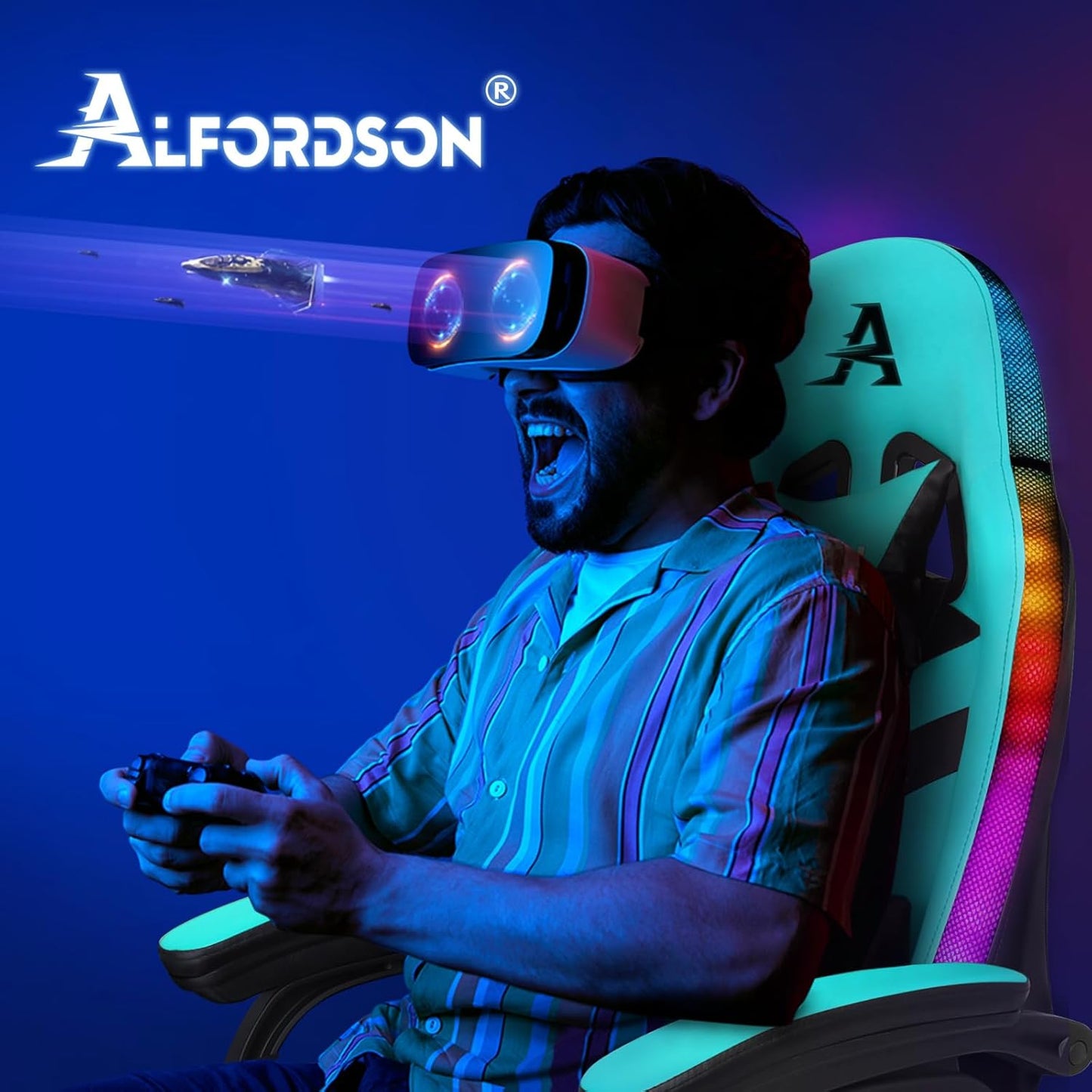 ALFORDSON Gaming-Stuhl, LED-Racing-Gamer-Stuhl mit 12-Farben-RGB-Beleuchtung, Massage-Gaming-Stuhl mit Lordosenstütze, Fußstütze, PU-Material, Cyan