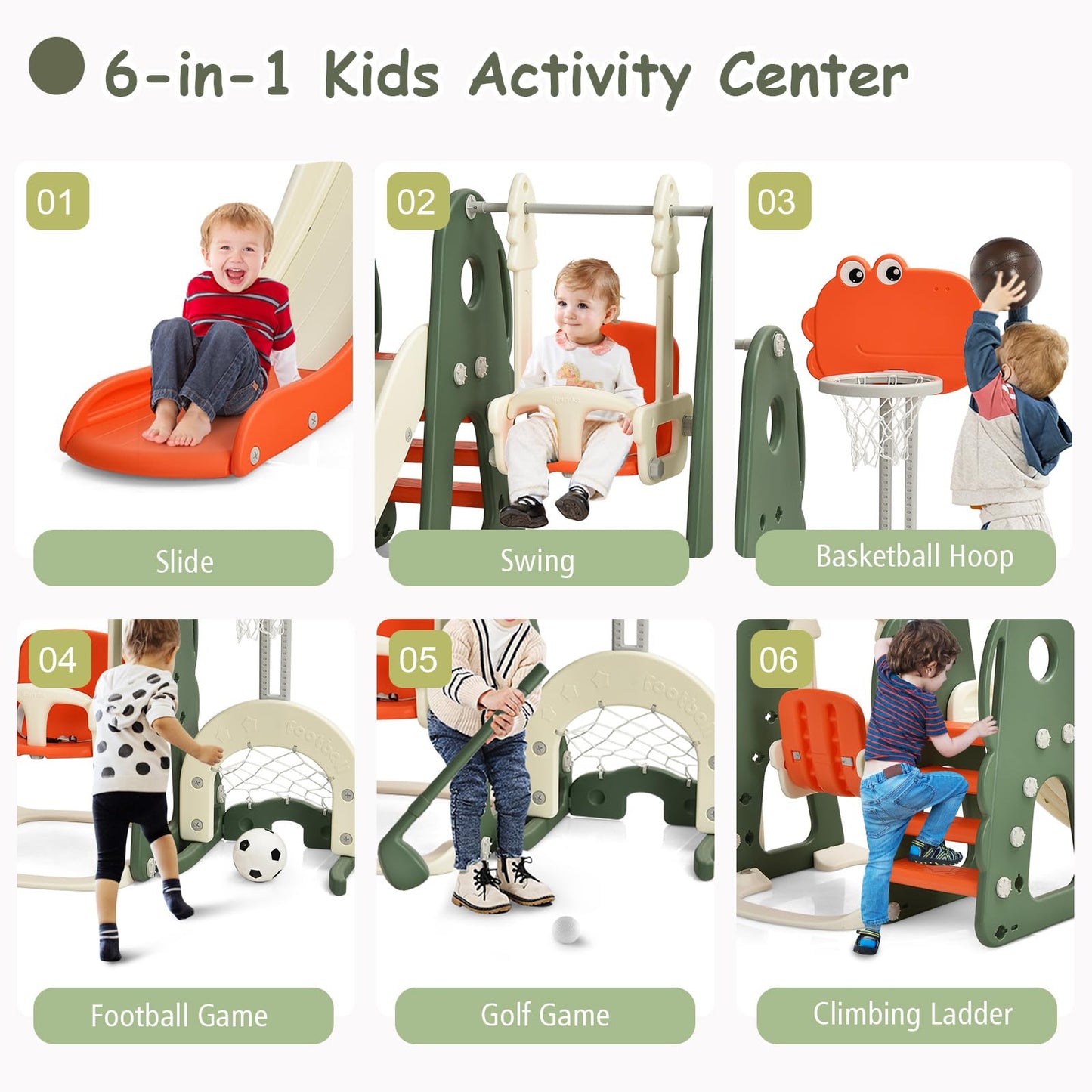 HOMASIS 6-in-1 Kinderrutsche mit Schaukel, Freistehende Rutsche & Schaukel & Basketballkorb & Kletterleiter & Fußballtor & Golfloch, Kinder Spielplatz für ab 3 Jahre Indoor & Outdoor (Orange+Grün)