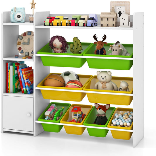 COSTWAY 4-stöckiges Kinderregal, Spielzeugregal mit 8 Aufbewahrungsboxen, 2 offenen Regalen & Schrank, Spielzeug-Organizer Bücherregal für Spielzimmer, Kindergarten, Kinderzimmer, 120 kg belastbar