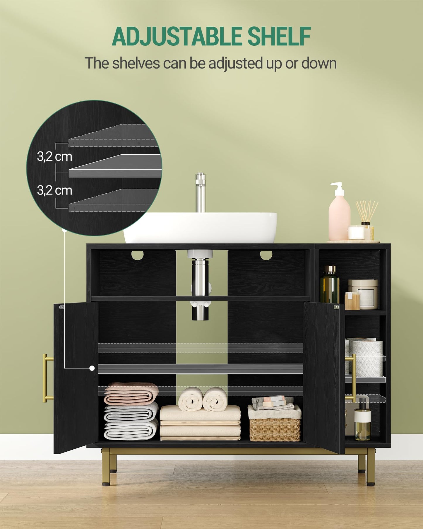 Hzuaneri BC28813G Bathroom Cabinet 1 Drawer 2 Cabinet Doors Open Compartment with 3 Levels Adjustable Shelf White 30 x 80 x 64 cm
