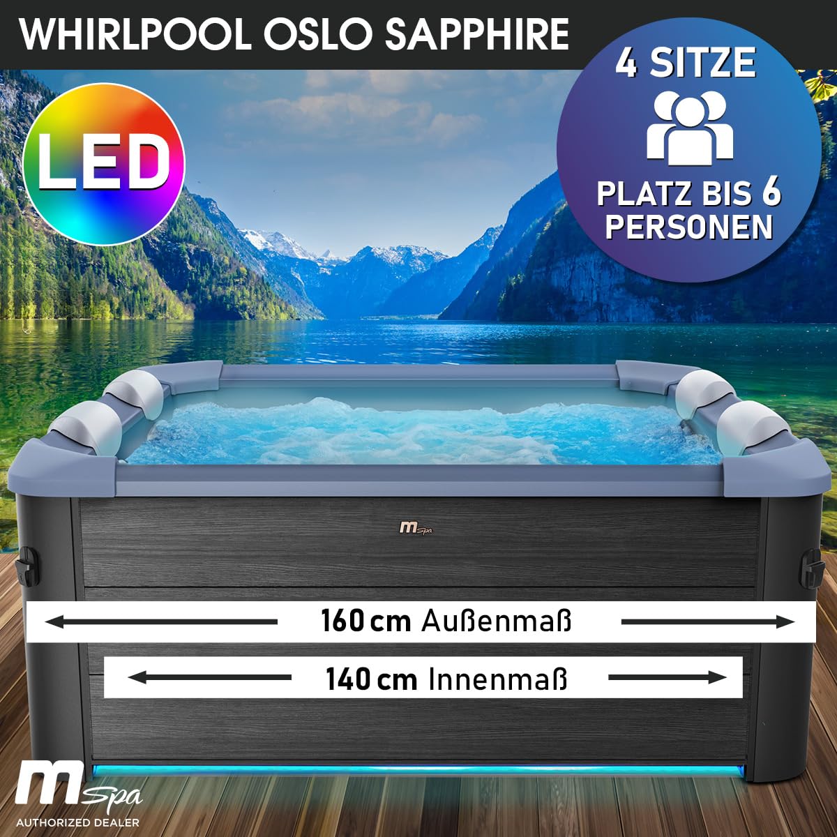 BRAST Whirlpool MSpa Oslo & Oslo Plus XXL mit Fester Außenwand | 160x160x65cm - 180x180x65cm | LED-Beleuchtung 20 Farben | 6 Personen | 120-140 Massagedüsen | Ganzjähriger Einsatz Winterfest