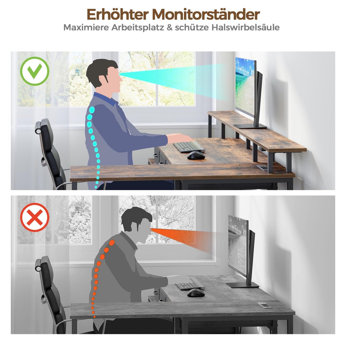 Seventable Schreibtisch L Form, Computertisch mit Steckdose, LED & Monitorständer, Reversibel Eckschreibtisch mit Schubladen, perfekt für Schlafzimmer Büro Wohnzimmer