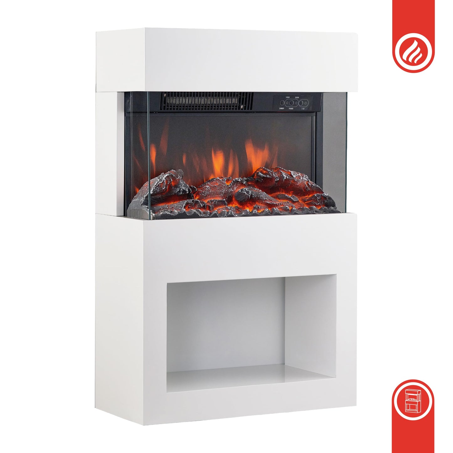 KAMINIO Henri Electric Fireplace with Heater, 3D Flame Effect, Wooden Compartment, Remote Control (White)