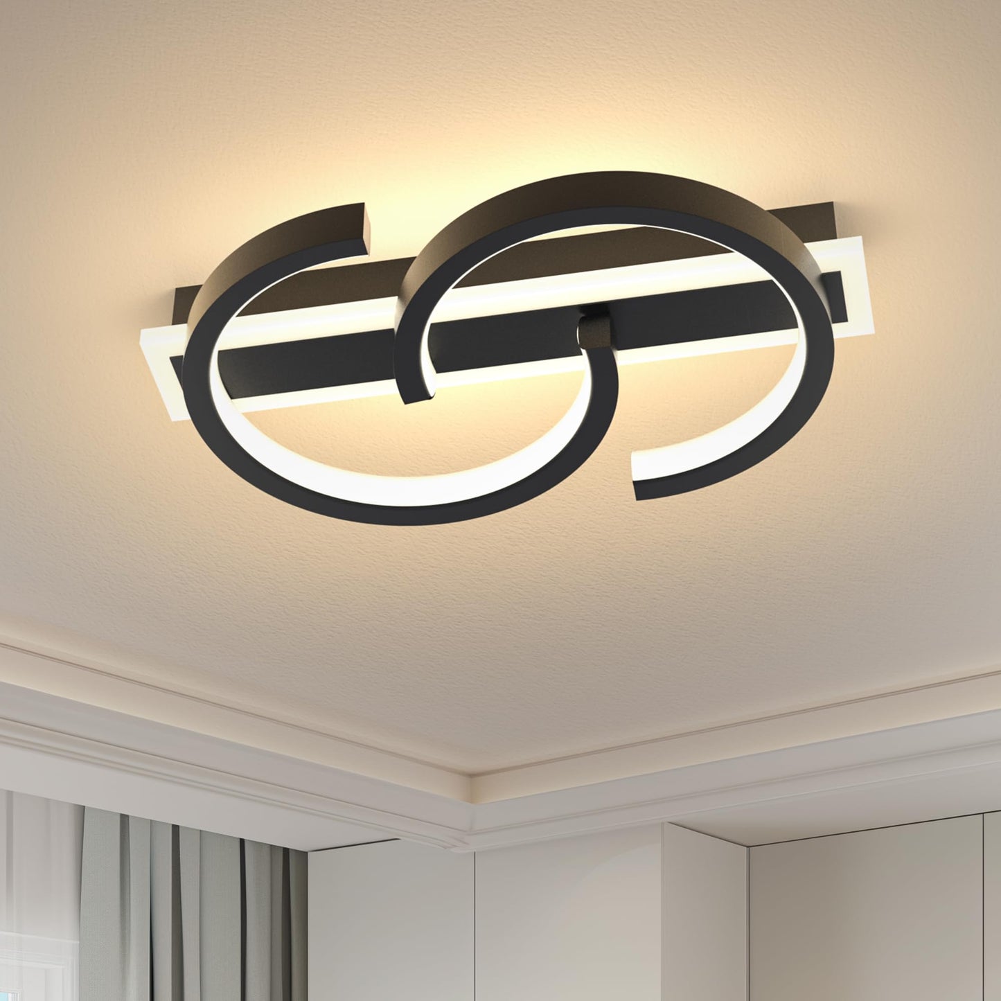 LUOLONG LED Deckenleuchte Dimmbar Deckenlampe Schwarz Wohnzimmerlampe 35W mit Fernbedienung 2-Ringen kreis Deckenleuchte Schlafzimmerlampe Arbeitzimmer Büro Modern Led deckenbeleuchtung-40cm Schwarz