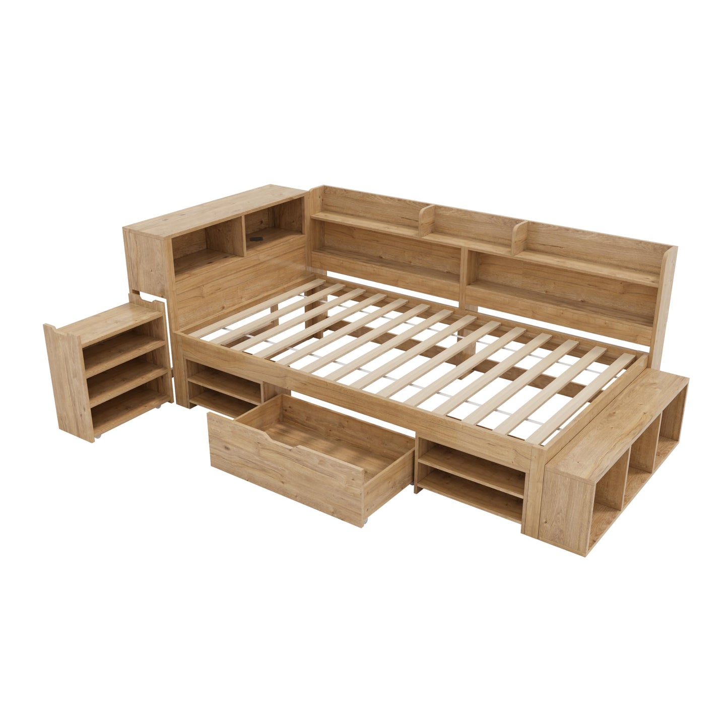 Children's Bed 90 x 200 cm, Wooden Bed with Drawers and Board, Headboard with Bookshelf and Fall Protection, Bed with Slatted Frame and Storage Space, Teenager's Bed, Functional Bed, Wooden Bed Frame,