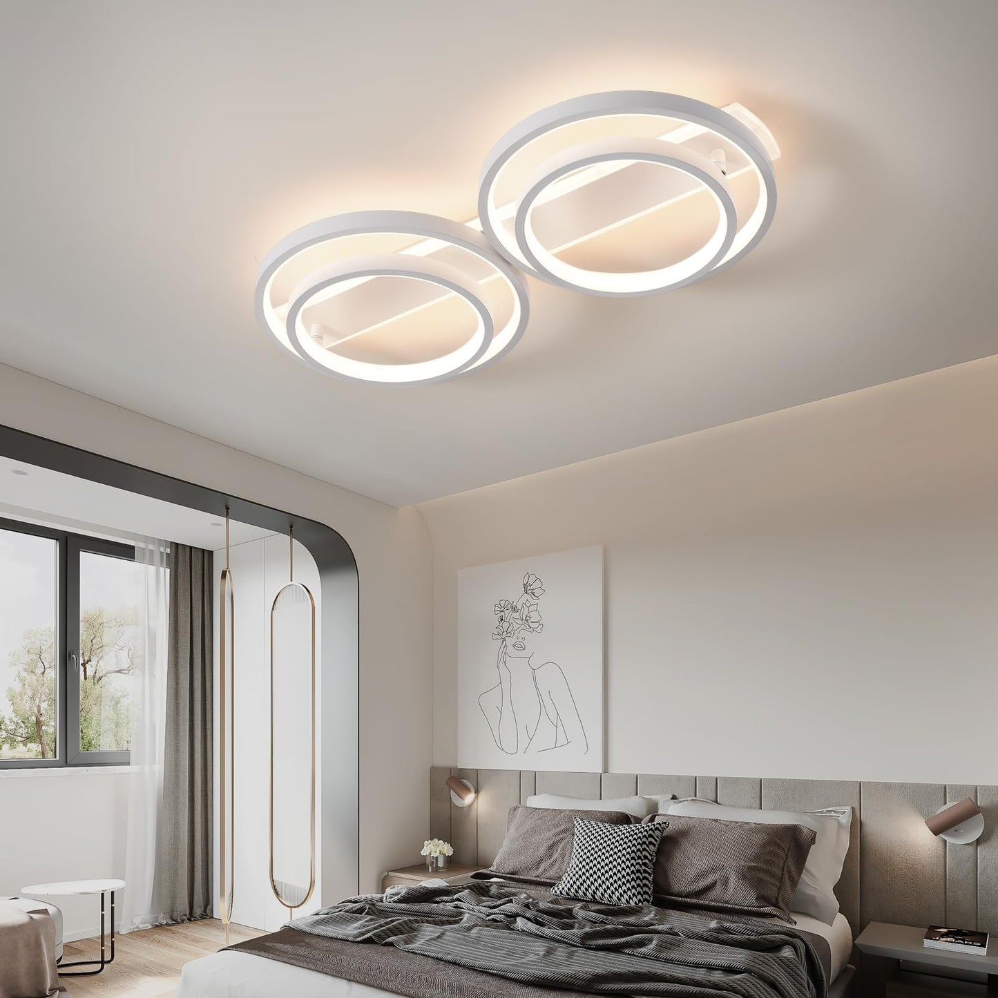 LED Ceiling Lamp, Dimmable Ceiling Light with Remote Control App, Adjustable Ring Shape Living Room Lamp 4 Bulbs Chandelier Lamp, 48 W 3000-6500 K Ceiling Lighting for Bedroom Living Room, Black, 86