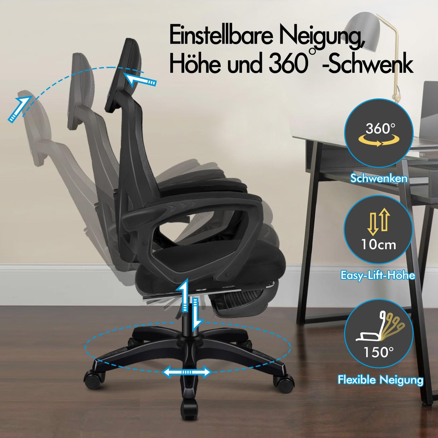 ALFORDSON Bürostuhl, Lendenstütze, Atmungsaktives Netz und Stoff, Hochklappbare/Verstellbare Armlehnen, Hochwertiger Schaumstoff, 180kg für Zuhause & Gaming, Wale, Schwarz
