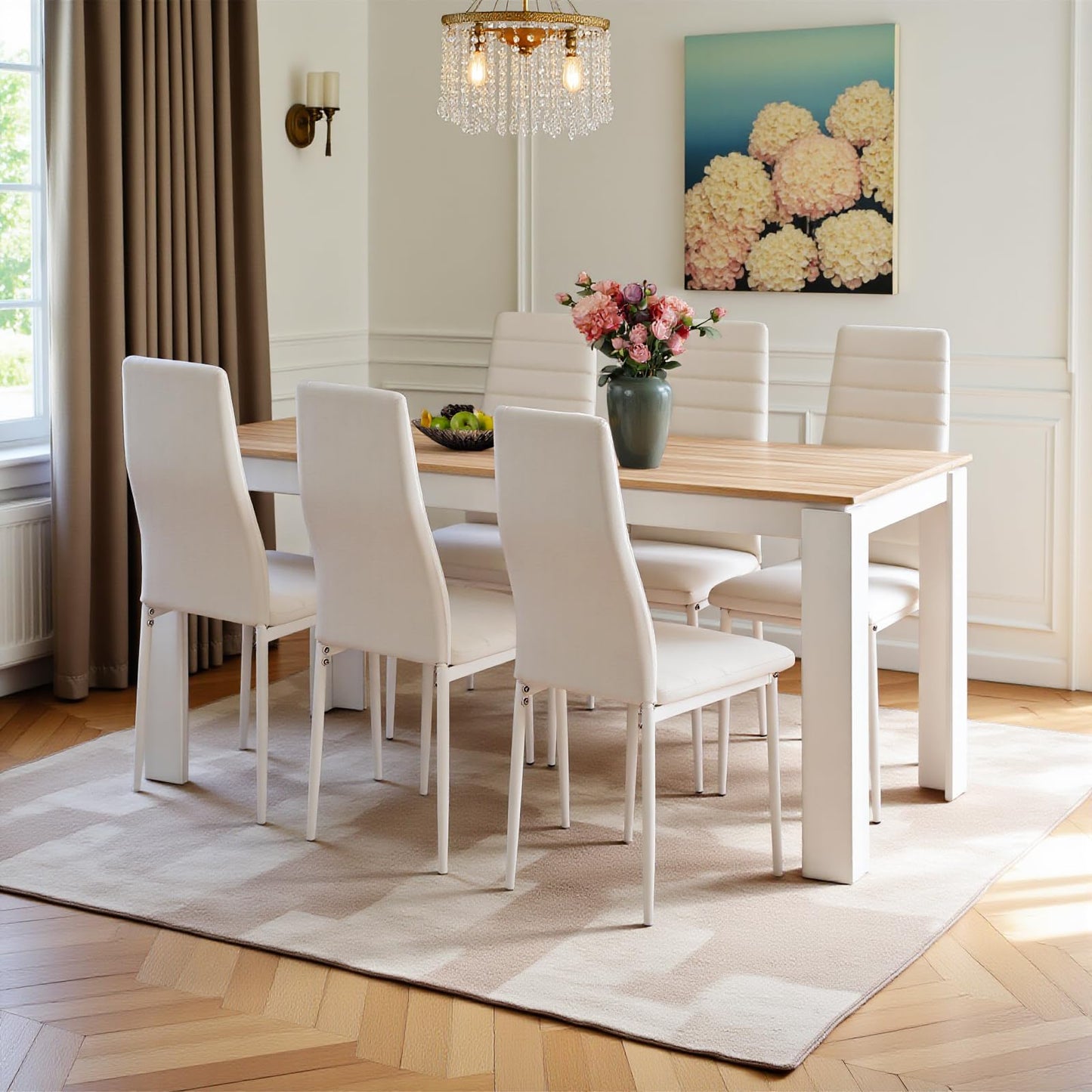 FURNITABLE Esstisch mit 6 Stühlen Esszimmergruppe, Essgruppe mit Hochlehner Kunstleder Stuhl für 6 Personen, Sitzgruppe für Küche Wohnzimmer(160cm Eiche-Weiß Tischbein Tisch+6 Schwarz Stühle)