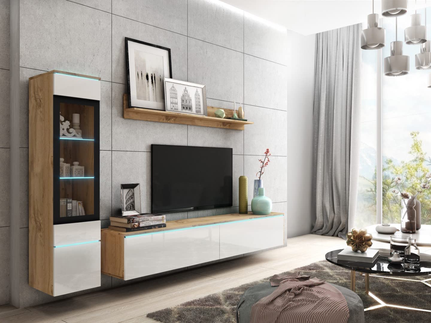 MINIO go for it Veve 2, 4-Piece Wall Unit Set, Hanging or Standing, 2 x Tall Cabinet Display Cabinets, Lowboard, Wall Board, Laminated Clamping Plate, Wotan Oak and Black Gloss, without Lighting