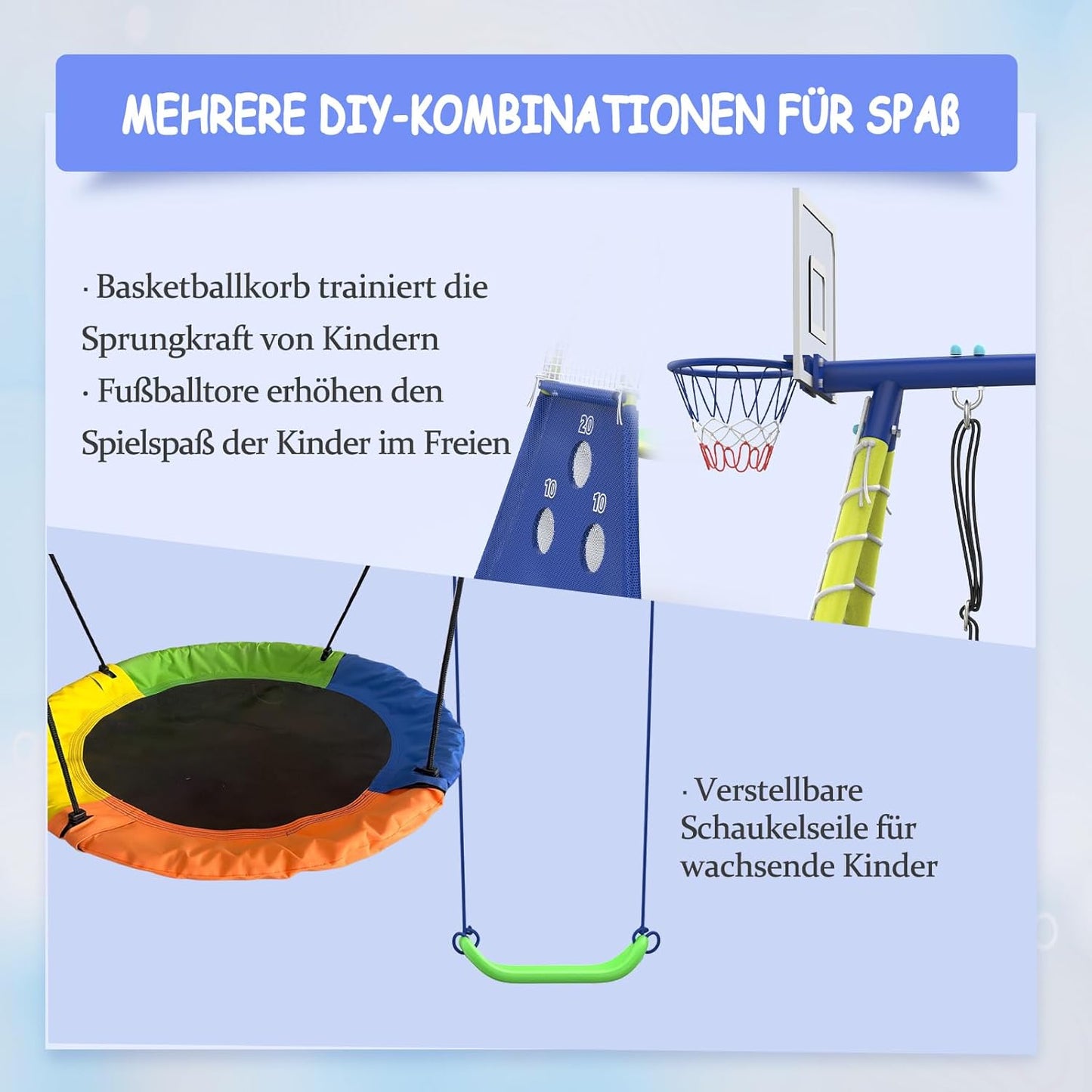 Redkid Schaukel-Sets für den Garten, Schaukel und Rutsche Set, Tragfähigkeit 440lbs 5 in 1 Outdoor-Schaukel-Set mit Rutsche, Untertasse Schaukel, Schaukel Sitz, Fußballtore und Basketballkorb