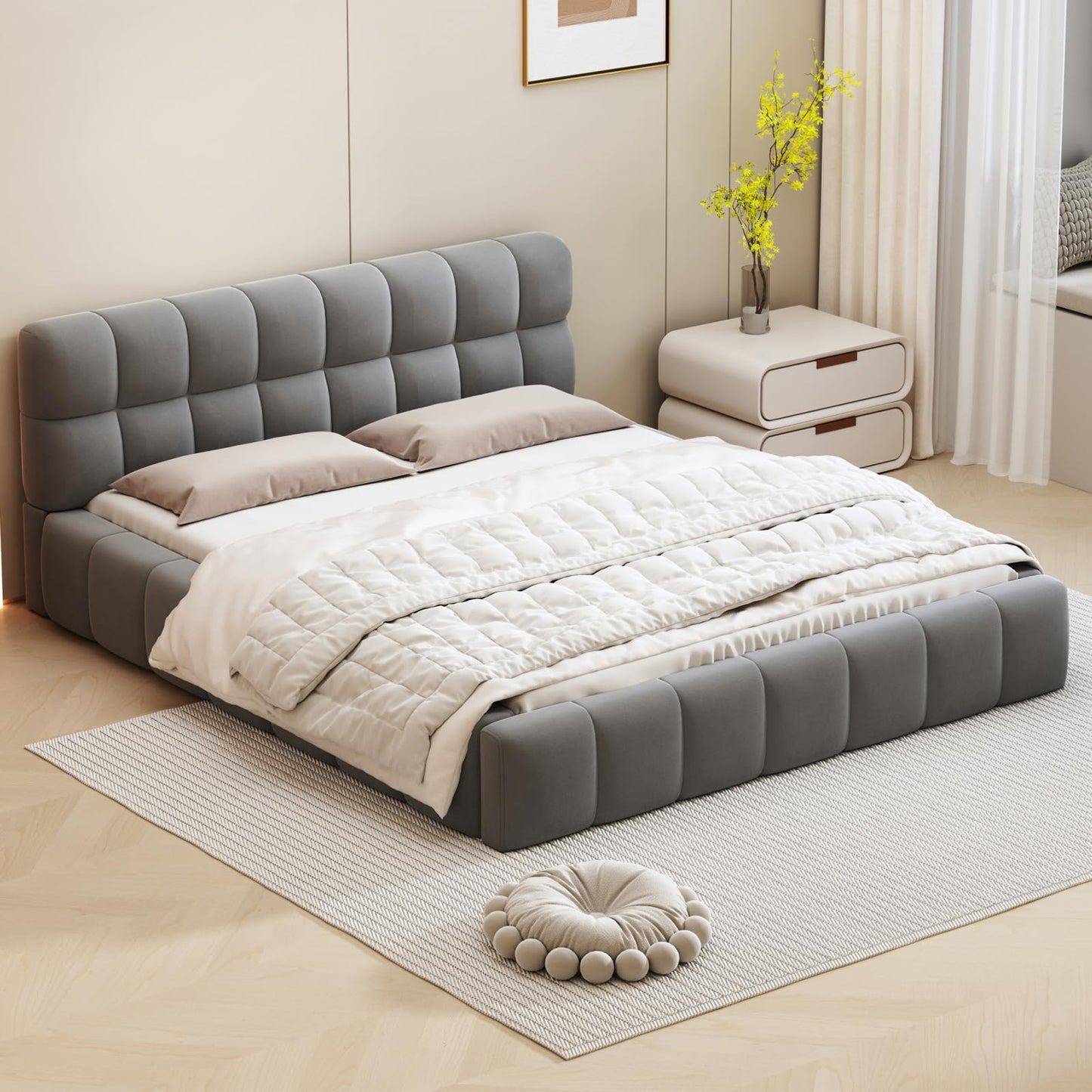 DULRLLY Bubble Bett Polsterbett 140x200 cm,Doppelbett mit Lattenrost, Jugendbett mit Gepolstertes Kopfteil, Gepolstertes Bett für Schlafzimmer und Gästezimmer,ohne Matratze, Leinenstoff (Weiß)
