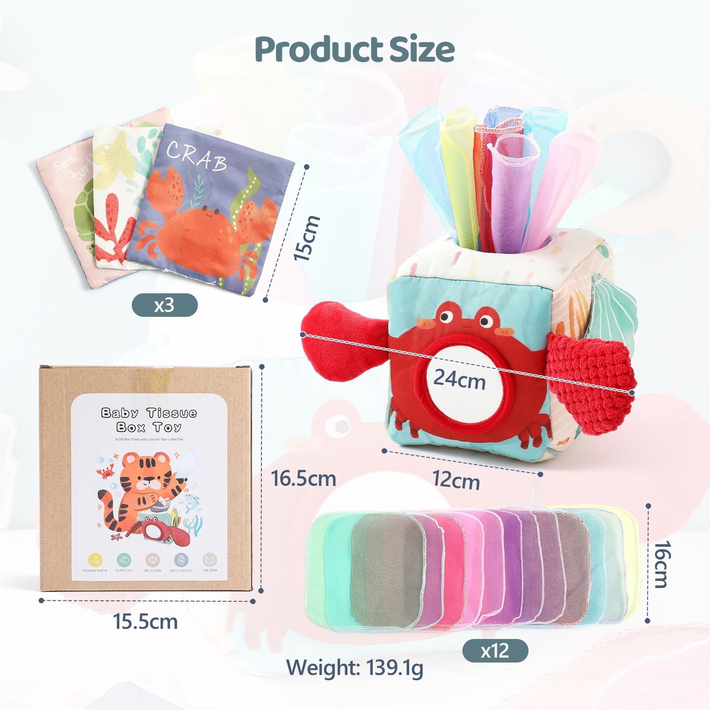 WOODEN TEETHER Tissue Box Montessori Motorikspielzeug, 6-12 Monate Sensorik Baby Spielzeug mit Spiegel, Farben, Texturen, Kinder Frühes Lernspielzeug für Jungen Mädchen Geschenke