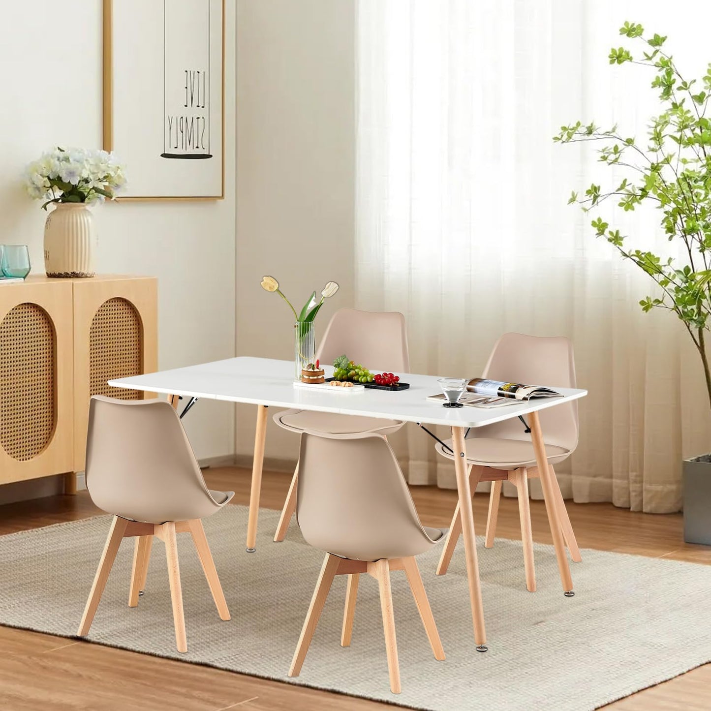 H.J WeDoo Esszimmergruppe mit 4 Essstühlen, Rechteckig Esstisch und Stühle für Esszimmer, Küche, Wohnzimmer, Weißer Esstisch und Graue Stühle