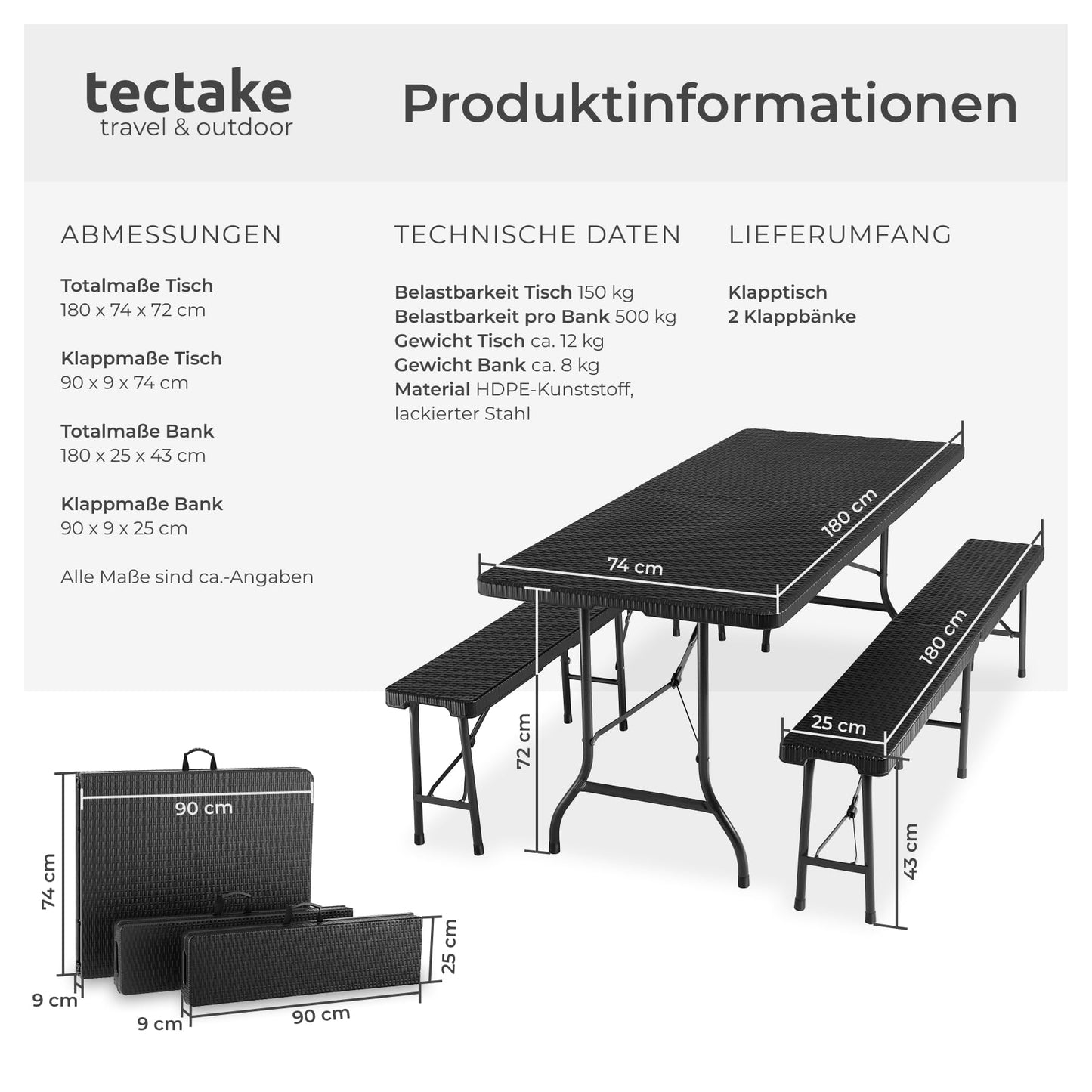 tectake® 3-teiliges Gartenmöbel Set, klappbarer Campingtisch mit 2X Bierbank, Balkonmöbel, Garten oder Terrassentisch Set, Bierzeltgarnitur, mit Tragegriffen, 180cm lang (weiß)