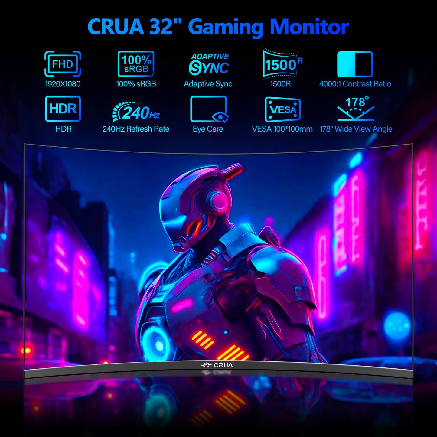32 Zoll Curved Gaming Monitor, 1K Full HD 1080P (1920x1080), 240Hz, 1ms, 1500R, AdaptiveSync, DCI-P3 90%, SRGB100%, Eye Care