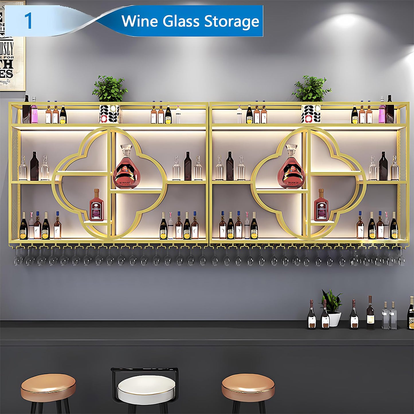 YDEHUEAD Moderne Metall Wand montiert Wein Display Rack, Flower Type-Schicht-Eisen-Rack, Wand Flaschenregal für Ba, Bar Einheit Floating Shelves, Flaschenregal für Home, Restaurant (Black, 150)
