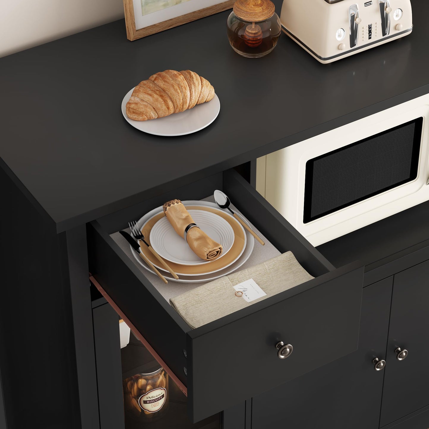 HOCSOK Kitchen Cabinet with Worktop, Sideboard Kitchen with Microwave Shelf, Buffet Cabinet with 1 Drawer, 3 Doors, Adjustable Shelves, for Kitchen, Dining Room, Living Room, Black