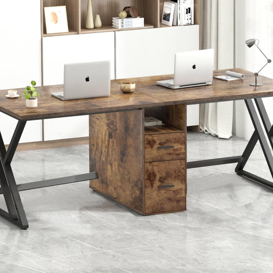 LVB Schwarz Large Double Industrial Computer-Schreibtisch mit Schubladen, Extra Lange Gaming-Tabelle mit Lagerung Schrank Regale, Holz-Metall-Computer-Schreibtisch