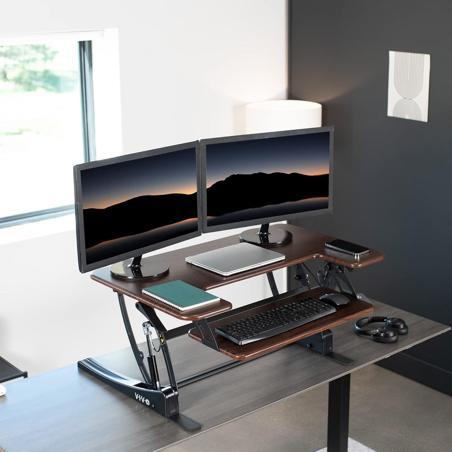 VIVO Black Height Adjustable 36 inch Stand up Desk Converter Quick Sit to Stand Tabletop Dual Monitor Riser, DESK-V000V