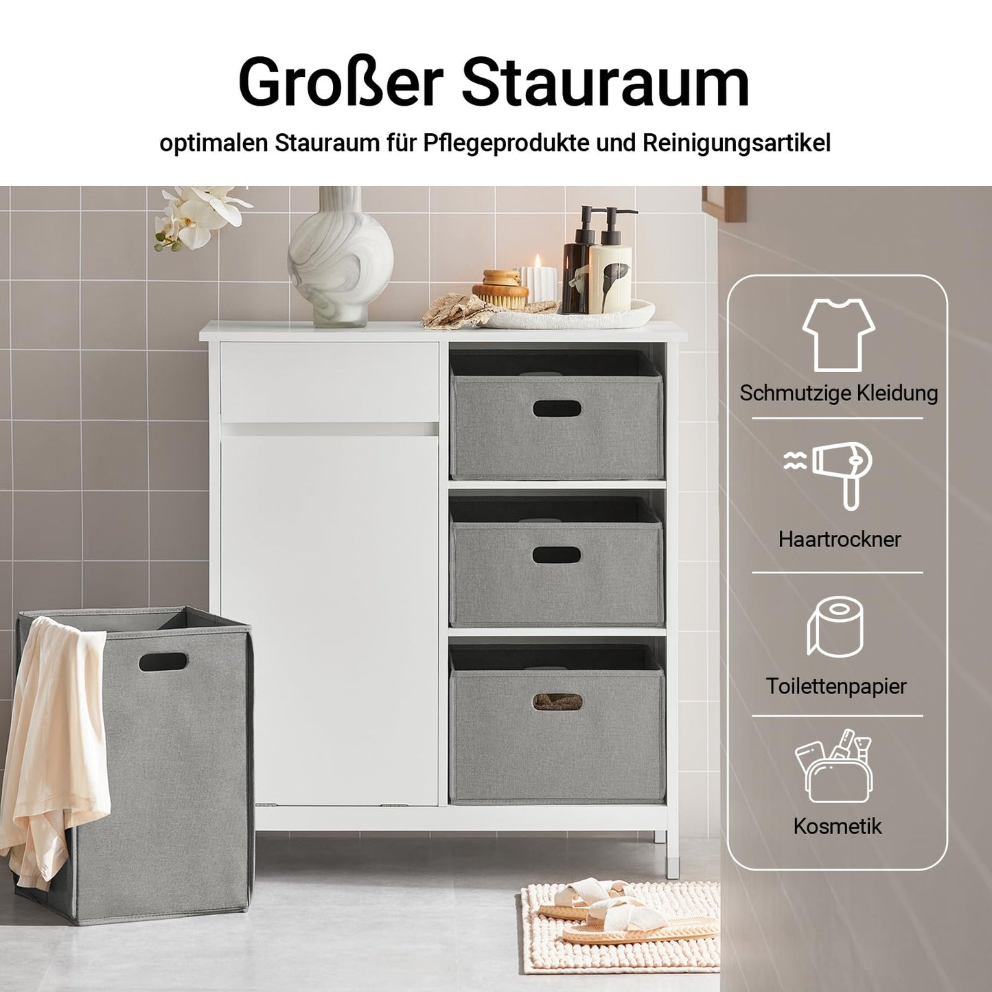 SoBuy BZR77-W Laundry Cabinet - Freestanding Bathroom Cabinet with Laundry Basket - Space-Saving Bathroom Cabinet with 3 Baskets and Drawer - Wooden Bathroom Furniture for Small Spaces, White, 80 x 91