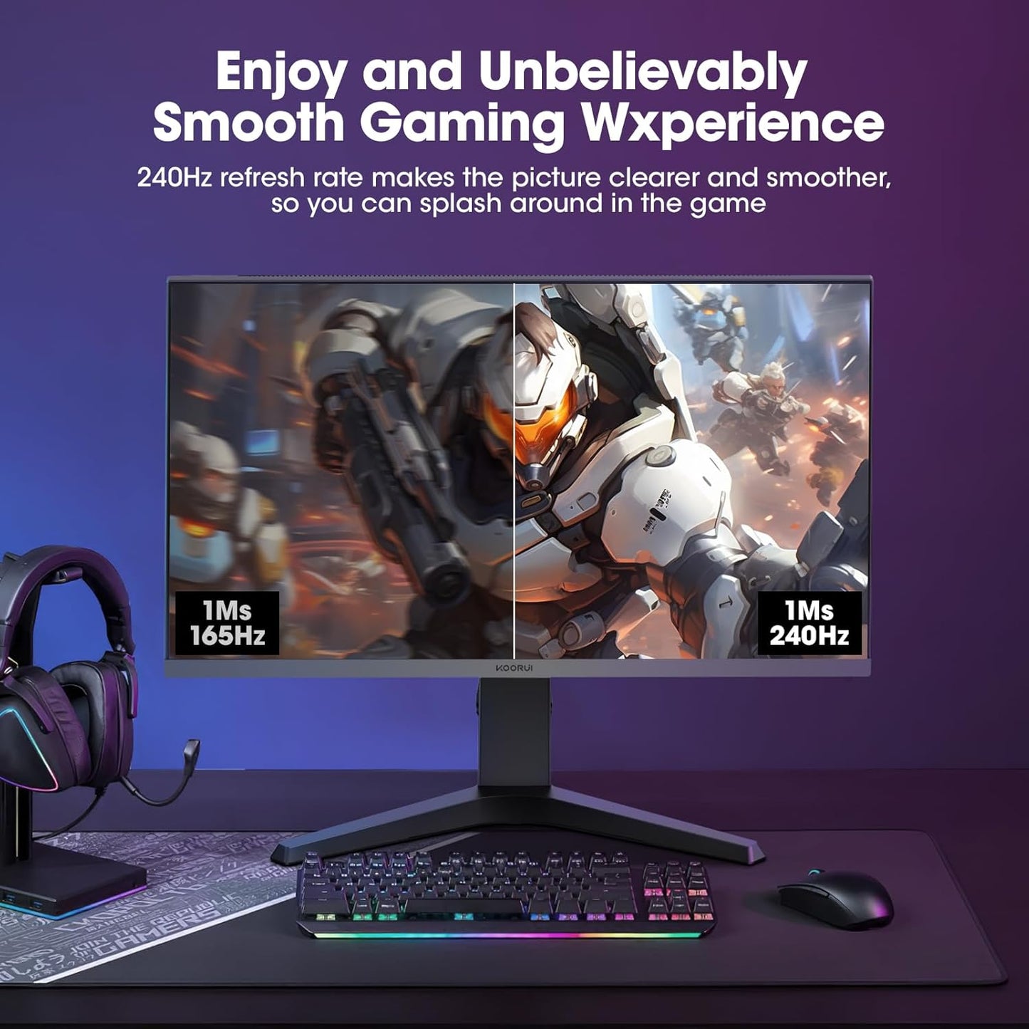 KOORUI Gaming Monitor 27 Zoll, Full HD Rahmenlos Bildschirm 165Hz Adaptive Sync (1ms, VA-Panel, Eye-Care, 1920 x 1080, 2xHDMI 2.0, & DisplayPort 1.4, VESA 75x75mm, DCI-P3 90%)