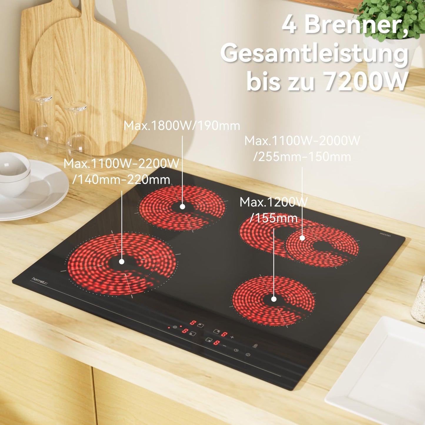 Hermitlux kochfeld 28,8cm, Glaskeramik Kochfeld 2 Platten, 9 Leistungsstufen, Touch-Steuerung, Timer, Kindersicherung, Geeignet für Alle Töpfe, 3300W