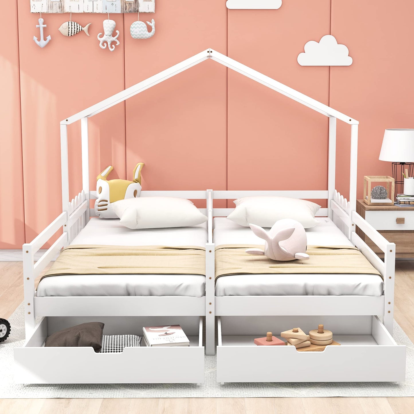 Merax Hausbett 90x200 cm mit 2 Schubladen, für 2 Kinder Doppelbett, Vielseitiges Holz Baumhausbett für Mädchen & Jungen, Stabil Spielbett Gitterbett mit Rausfallschutz und Lattenrost, Weiß