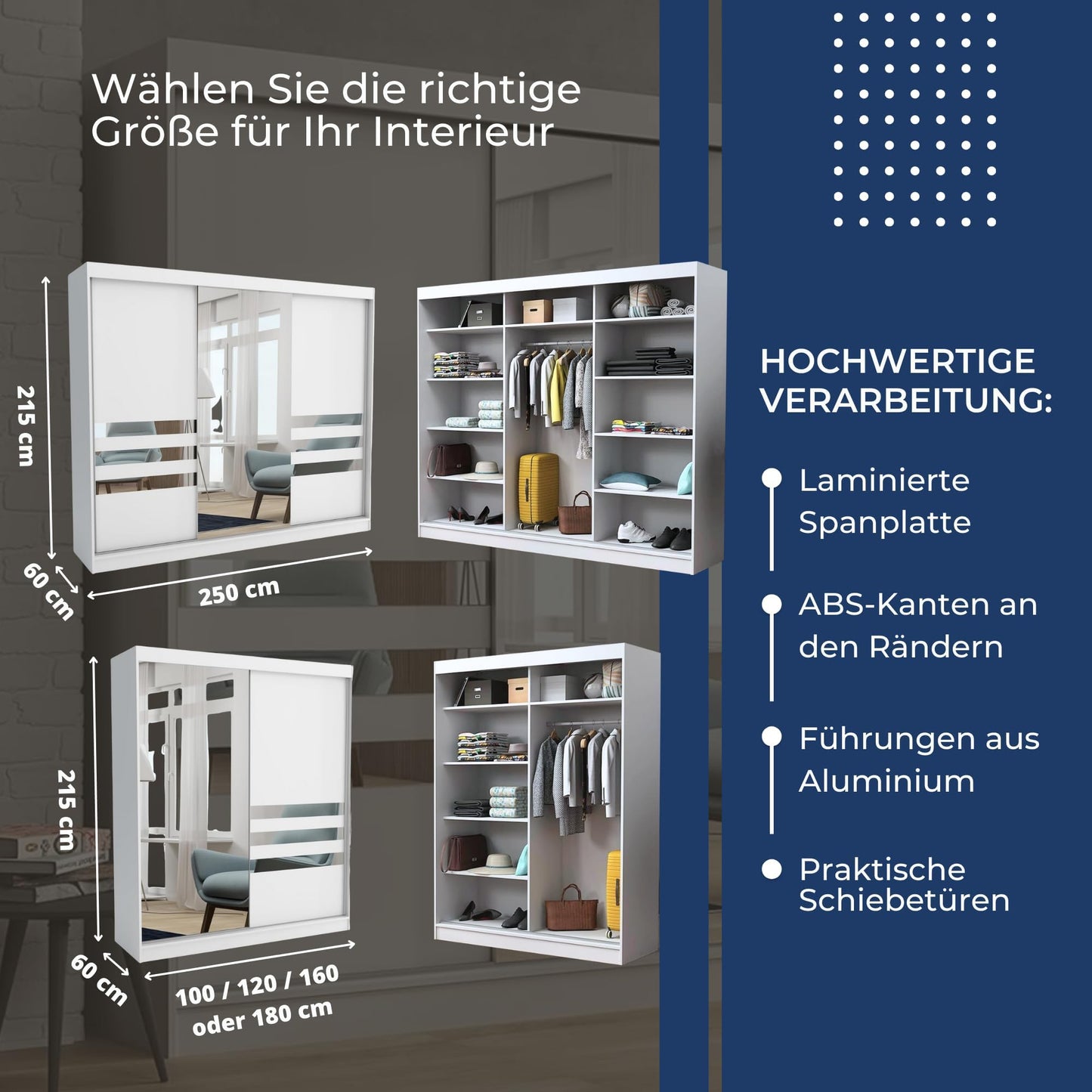 Brent - Kleiderschrank mit Spiegel Henry, 250cm Breit, Schlafzimmerschrank mit 1 Kleiderstange und Einlegeböden für Kleidung, Kleiderschrank Grau