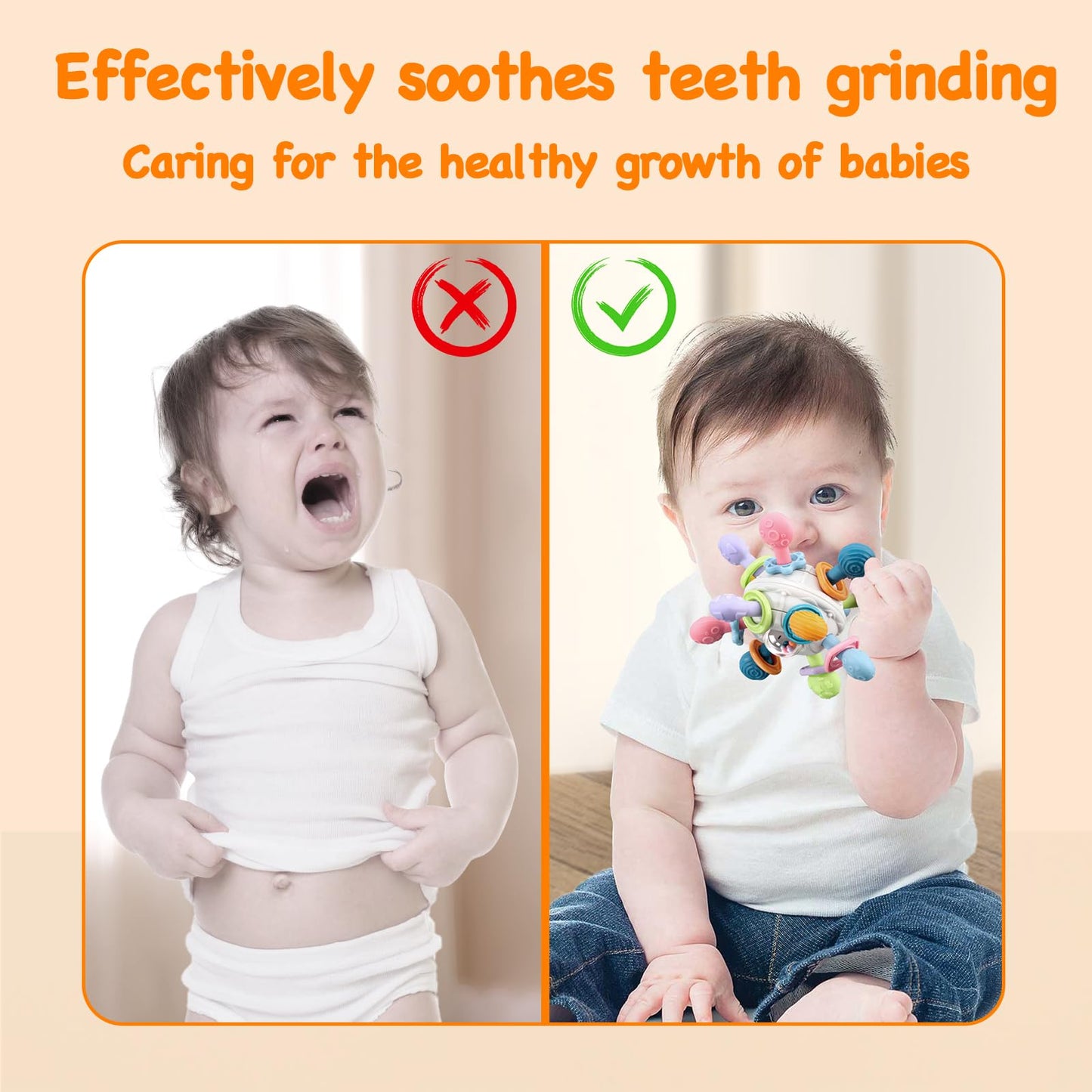 Grab Ball Baby Toy, Sensory Teether Toys, Silicone Teether Motor Skills Toy, Montessori Early Education, Baby Rattle Baby Toy for Babies 3-18 Months