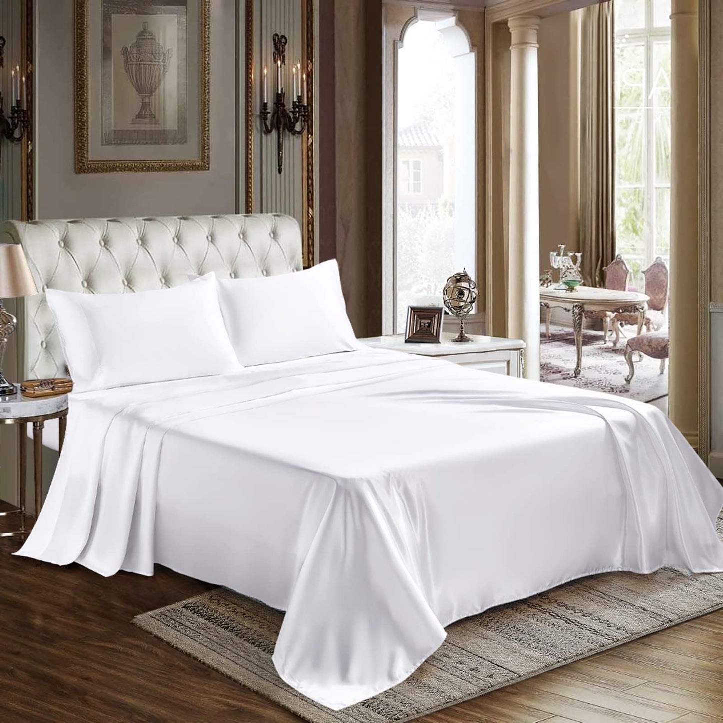 CozyLux Satin Sheets Queen Size - 4 Piece Black Bed Sheet Set with Silky Microfiber, 1 Deep Pocket Fitted Sheet, 1 Flat Sheet, and 2 Pillowcases - Smooth and Soft