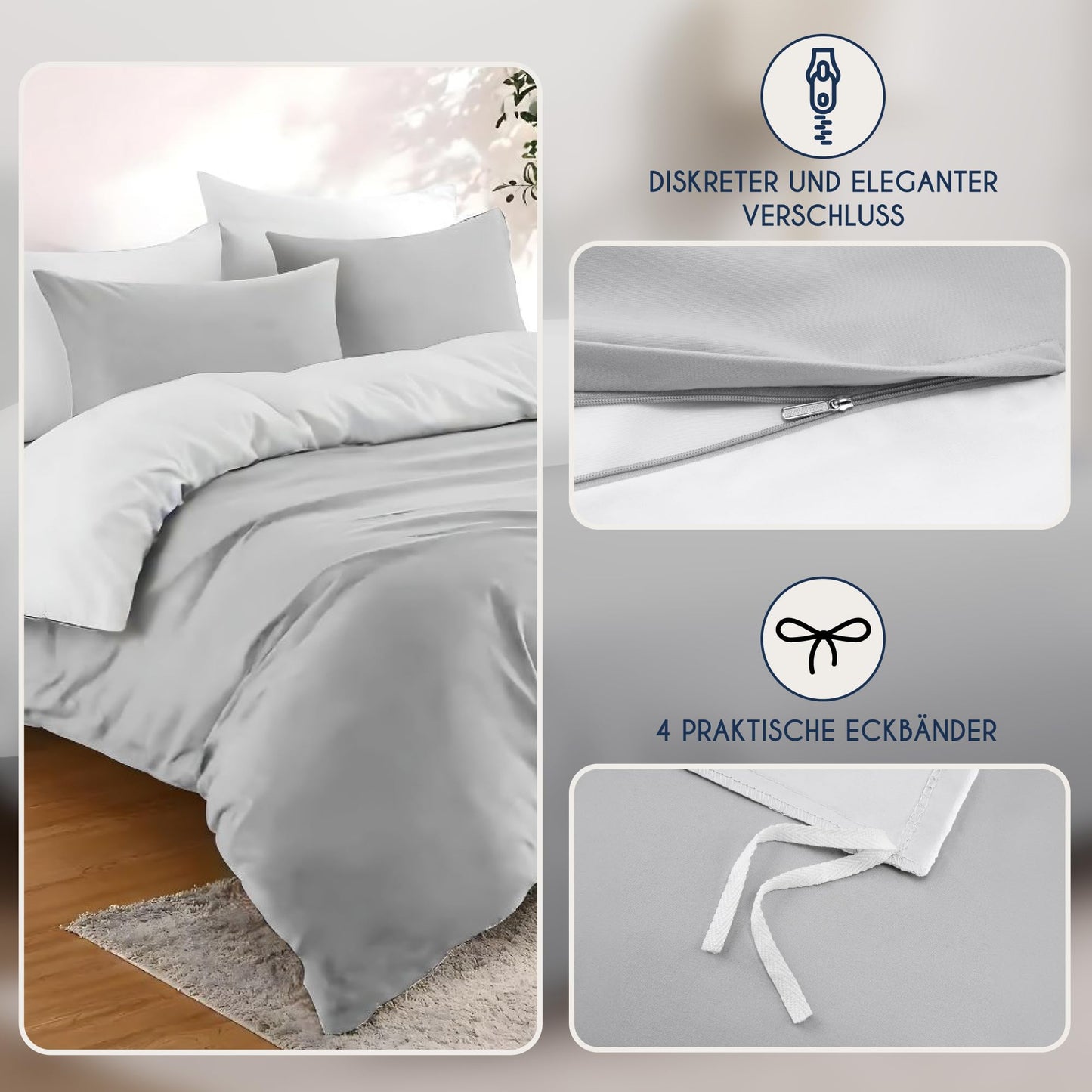 Dreamzie - Bed Linen Set 200 x 200 cm with 2 Pillowcases 80 x 80 cm Light Grey/White - 1 Duvet Cover 200 x 200 cm Made of 100% Microfibre - Certified No Chemicals (Oeko Tex)