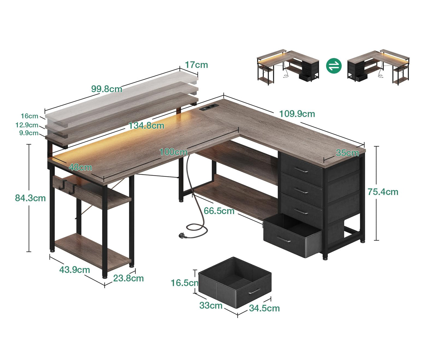 ODK Schreibtisch mit Schubladen, Reversible Eckschreibtisch mit 2 Steckdosen und 2 USB Ladeanschluss, Bürotisch L Form mit LED für Home Office 135×110cm (Graueiche)