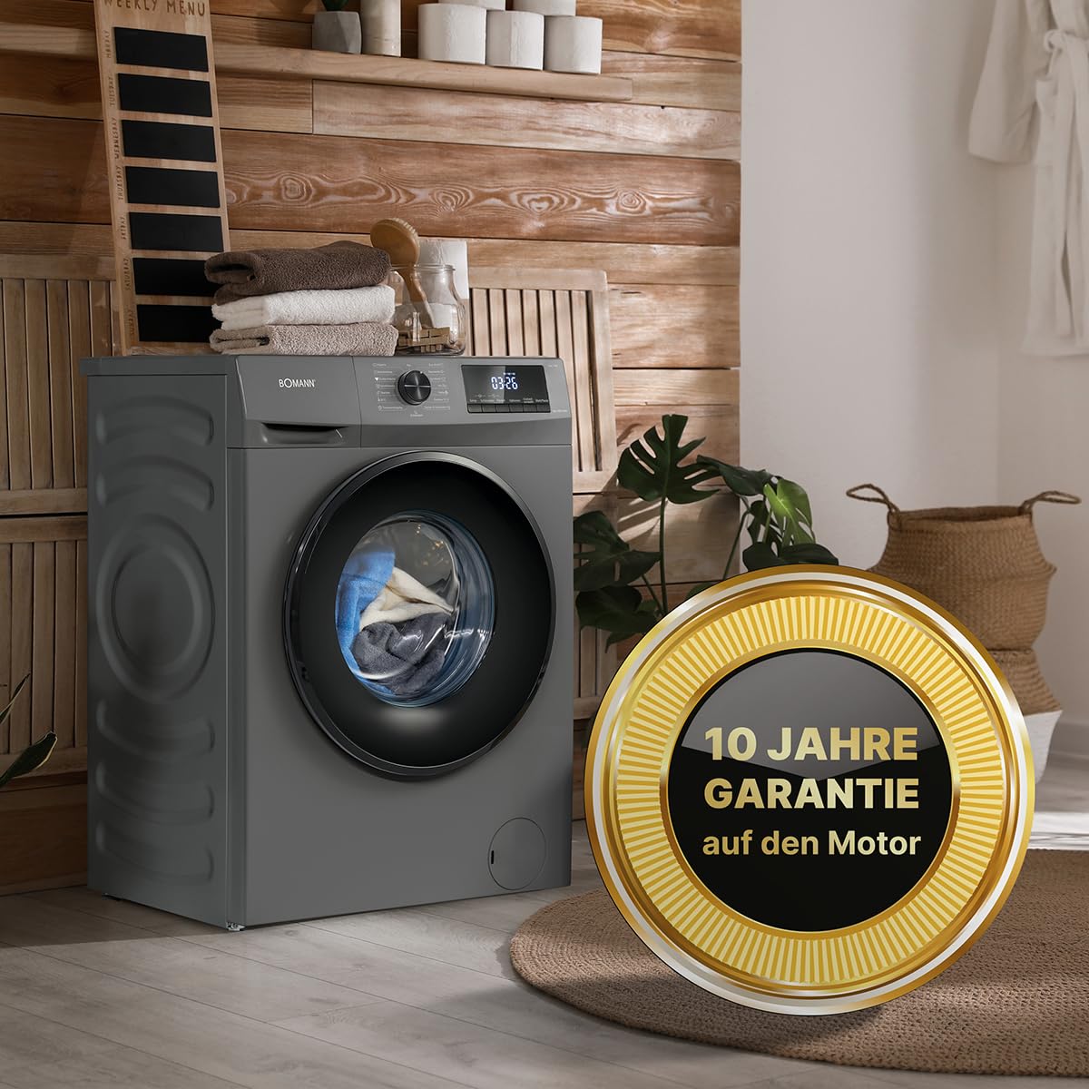 Bomann® Washing Machine 8 kg | Max. 1400 rpm | Robust, Quiet & Durable Inverter Motor | 15 Washing Programmes | LED Display | with Steam Function | WA 7185 Titanium - Black