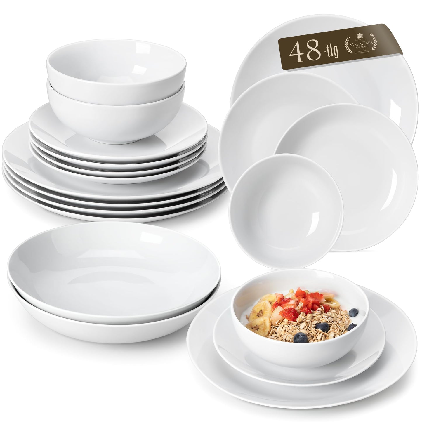 MALACASA Geschirrset 6 Personen, Amelia 24-tlg Modernes Porzellan Geschirr Set, Tafelservice mit je 6 Speiseteller, Dessertteller, Suppenteller und Müslischalen, Teller Set 6 Personen - Weiß