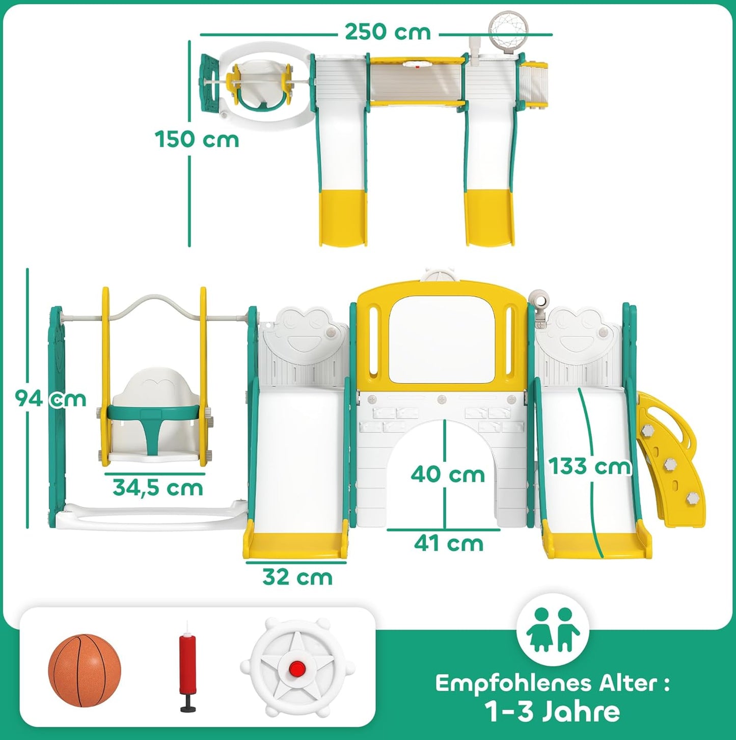 AIRPLAY Kinder Rutsche 9 in 1 Kleinkind Rutsche mit Basketballkorb, 2 Rutsche, Klettergerüst, Schaukel, Tunnel, Fernrohr, Reißbrett, Froschmotiv und Aufbewahrungsbox usw. Indoor Outdoor für 1-3 Jahre