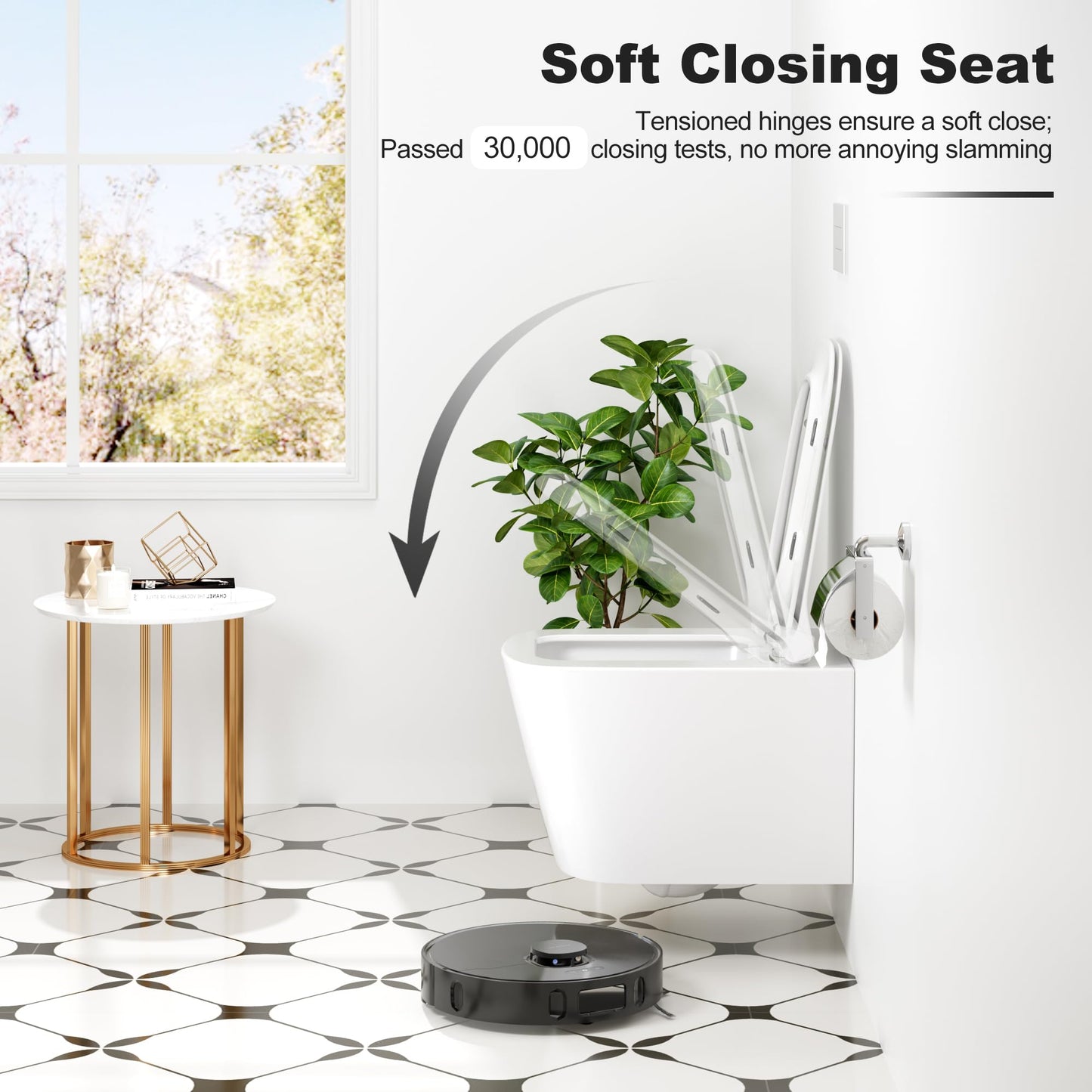 Hängend WC Spülrandlos Toilette, Wand-WC Set aus Keramik mit Toilettendeckel Abnehmbaren Absenkautomatik Effizienter Spültechnik Hängetoilette, D-Form,Lang 51cm, Weiß