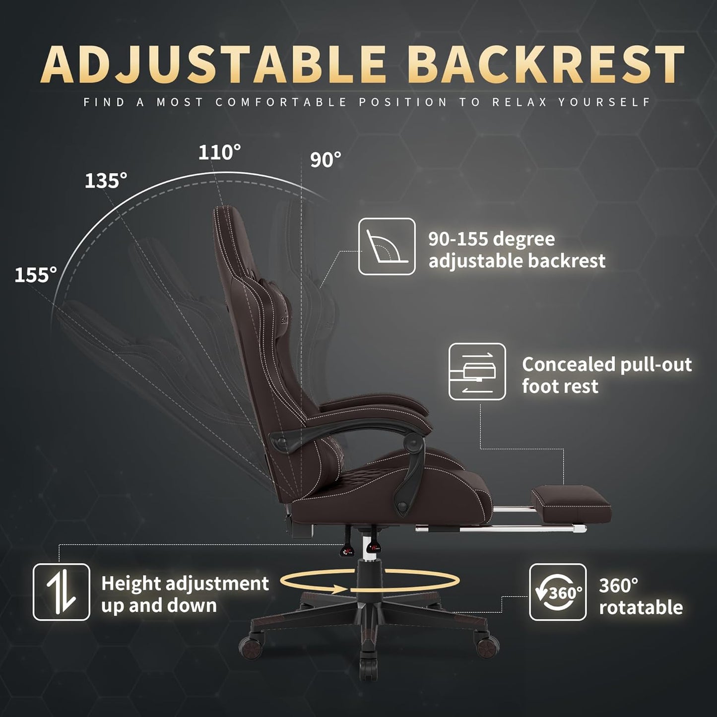 Gaming Chair, Ergonomic Office Chair, PC Chair, Gaming Chair, Lumbar Cushion and Footrest, PU Leather Gamer Chair, Adjustable Backrest from 90-155°, Height Adjustable 360° Swivel Chair (Pink)