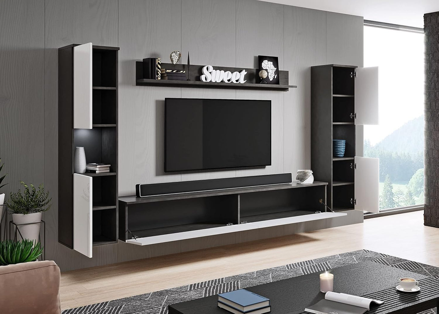 MINIO go for it - Parma XL Wall Unit, 4-Piece Set, with LED Lighting, Hanging or Standing, 2 x Highboard, Lowboard, Wall Board, Laminated Chipboard, Colour: Wotan Oak