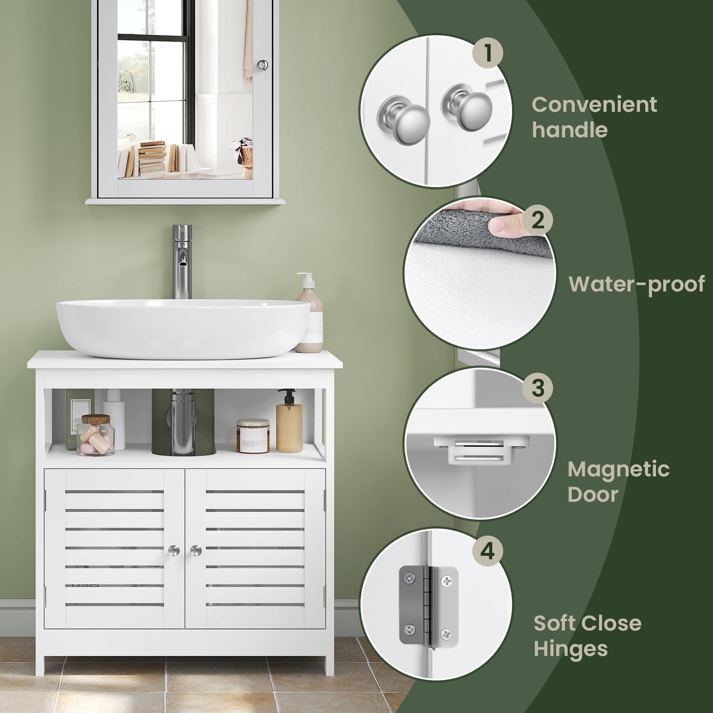 EUGAD Bamboo Vanity Unit with Slat Doors, Adjustable Shelf, 60 x 60 x 30 cm