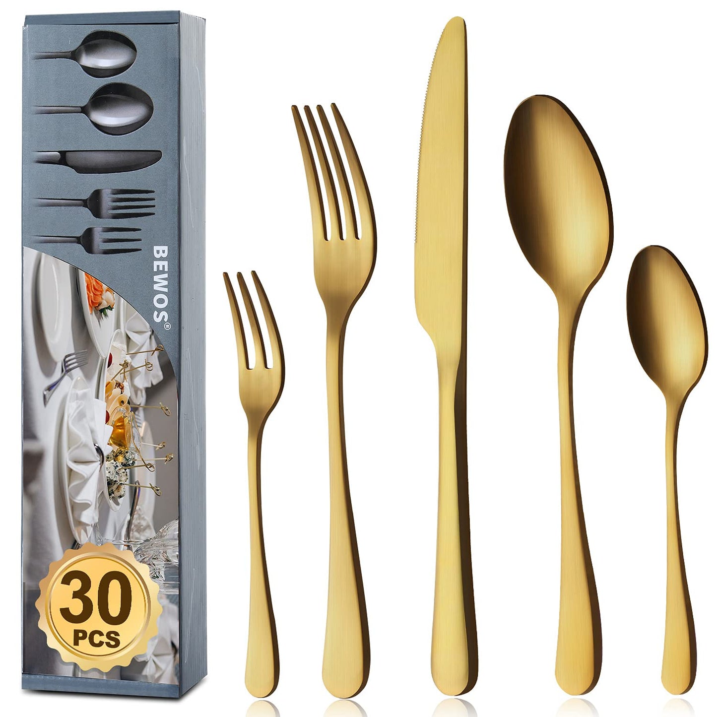 BEWOS Besteckset für 6 Personen, 30-teiliges Besteckset aus Edelstahl, Besteckset aus Silber, inklusive Messer, Gabeln und Löffel, hochglanzpoliert und spülmaschinenfest