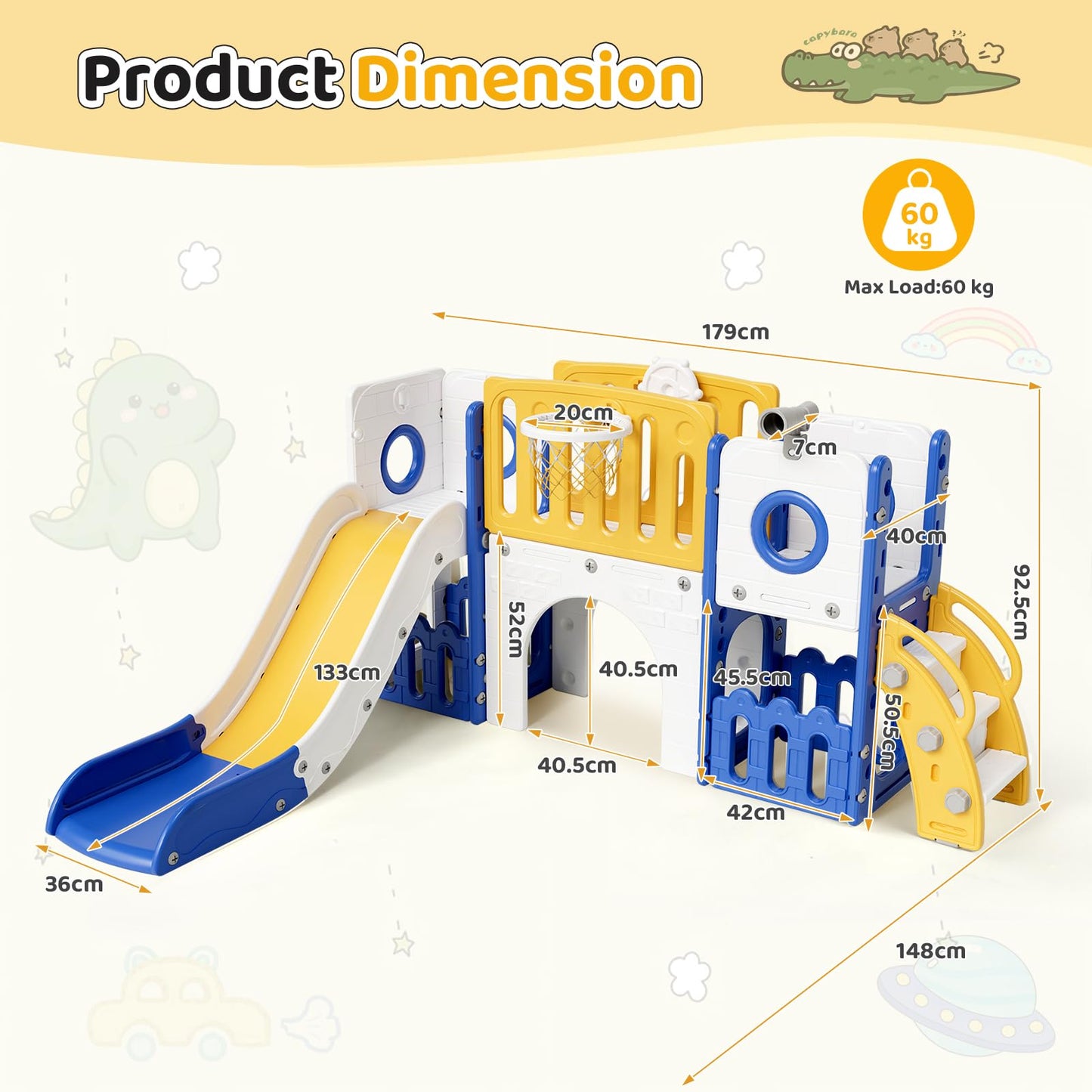 MAMIZO 9 in 1 Kinderrutsche, Kinder Rutsche mit Klettergerüst, Indoor & Outdoor Rutsche mit Basketballkorb und Teleskop, Tunnel, Stauraum, Gartenrutsche,Kinder Spielplatz, mit 2PCS Moduls, Gelb Blau