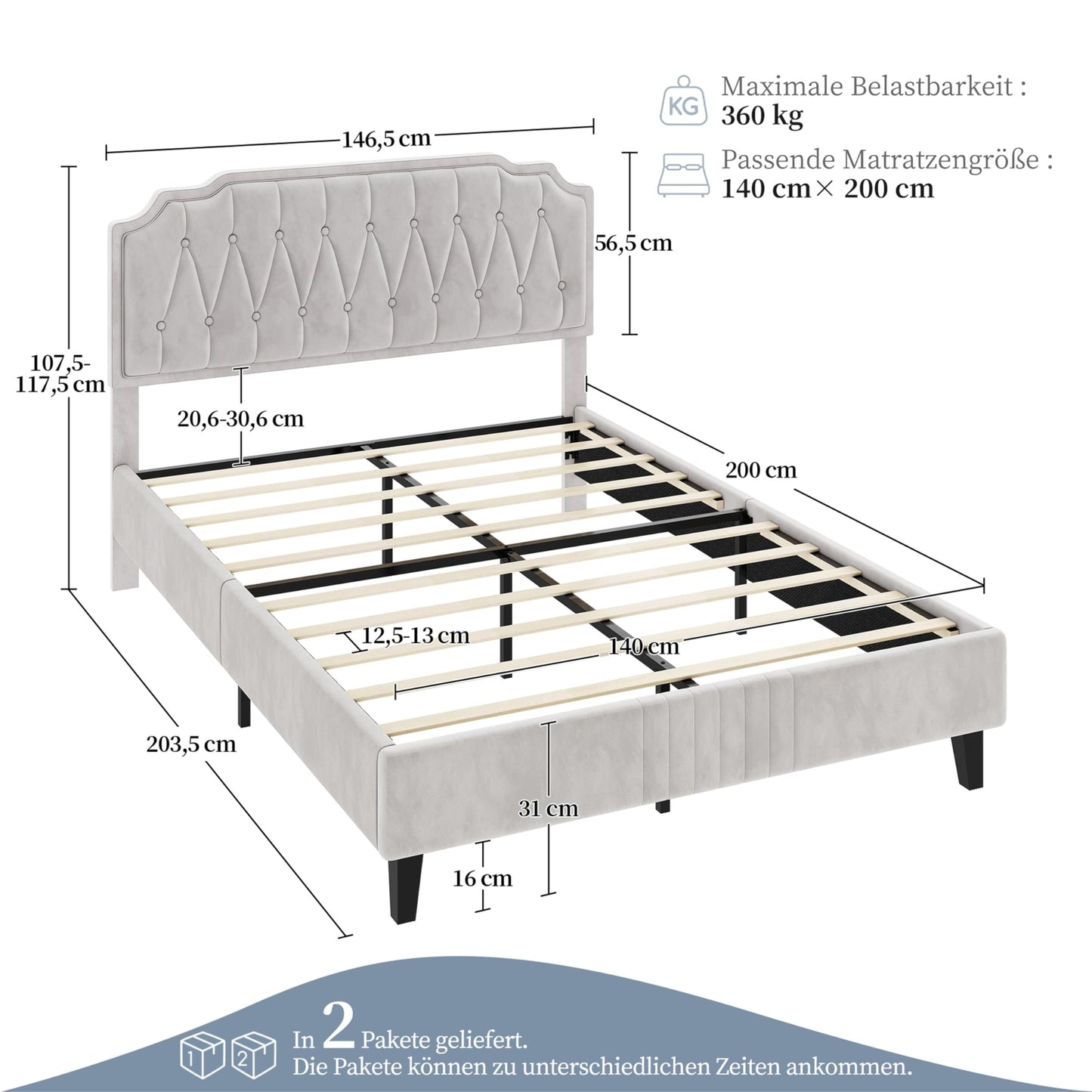 Yaheetech Upholstered Double Bed 140 x 200 cm Fabric Bed Youth Bed Padded Bed with Height-Adjustable Headboard Bed Frame with Slatted Frame, Dark Grey