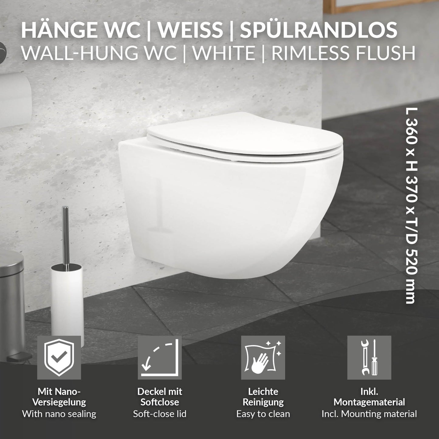 ECD Germany Rimless Wall-Mounted Toilet Ceramic White Matt with Nano Coating, Wall Toilet Long 52 cm, Removable Toilet Seat Made of Duroplast Soft Close Mechanism, Deep Washdown with Lotus Effect