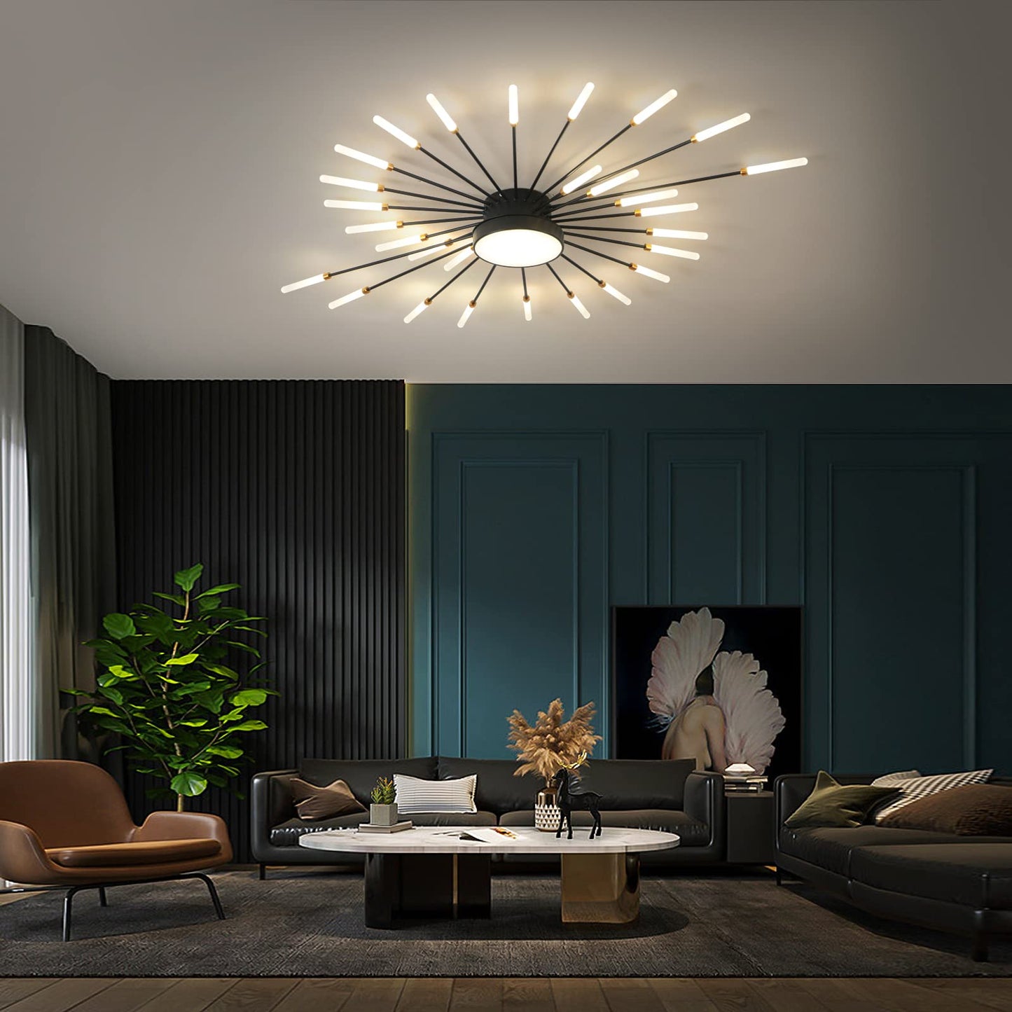 minifair Moderne LED-Deckenleuchte, 12 + 1 Köpfe, halbbündige Deckenleuchte, goldene Kronleuchter, Deckenbeleuchtung für Schlafzimmer, Wohnzimmer, Küche, Esszimmer, Restaurant