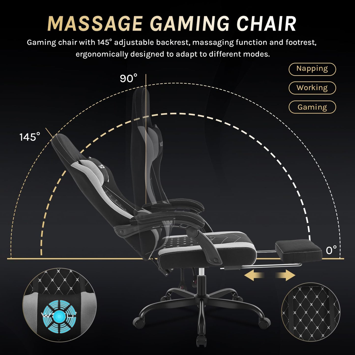 WOLTU Gaming Stuhl mit Massagefunktion, Computerstuhl Ergonomisch, Taschenfederkissen, Lendenmassage, Kopfkissen, Fußstütze, Drehstuhl, 150 kg, Netzstoff, Rosa+Weiß