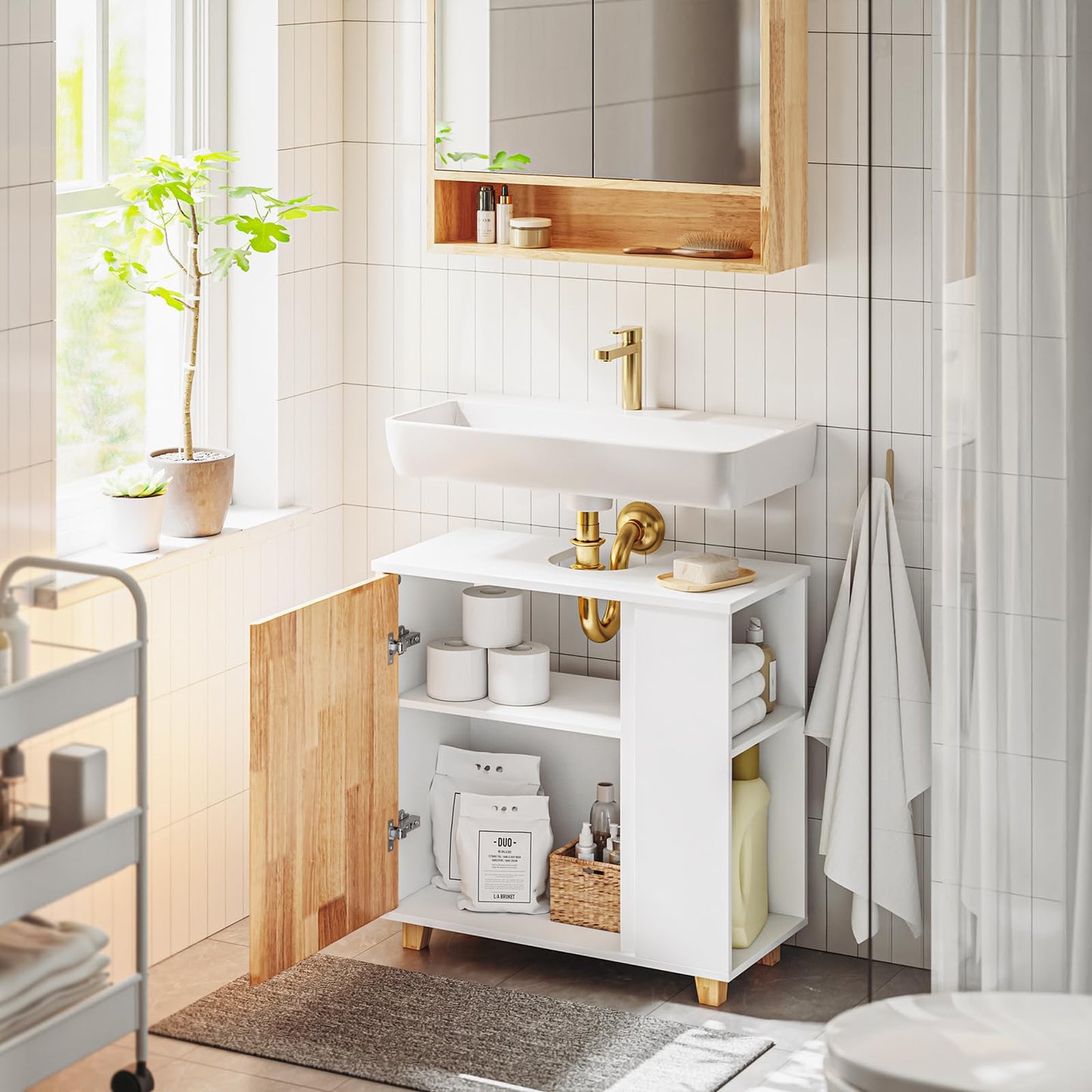 SoBuy BZR75-W Vanity Unit Bathroom Furniture - Bathroom Cabinet with Siphon Cut-Out, 2 Doors & 2 Open Compartments - Space-Saving Vanity Unit, White / Natural 60 x 60 x 29 cm