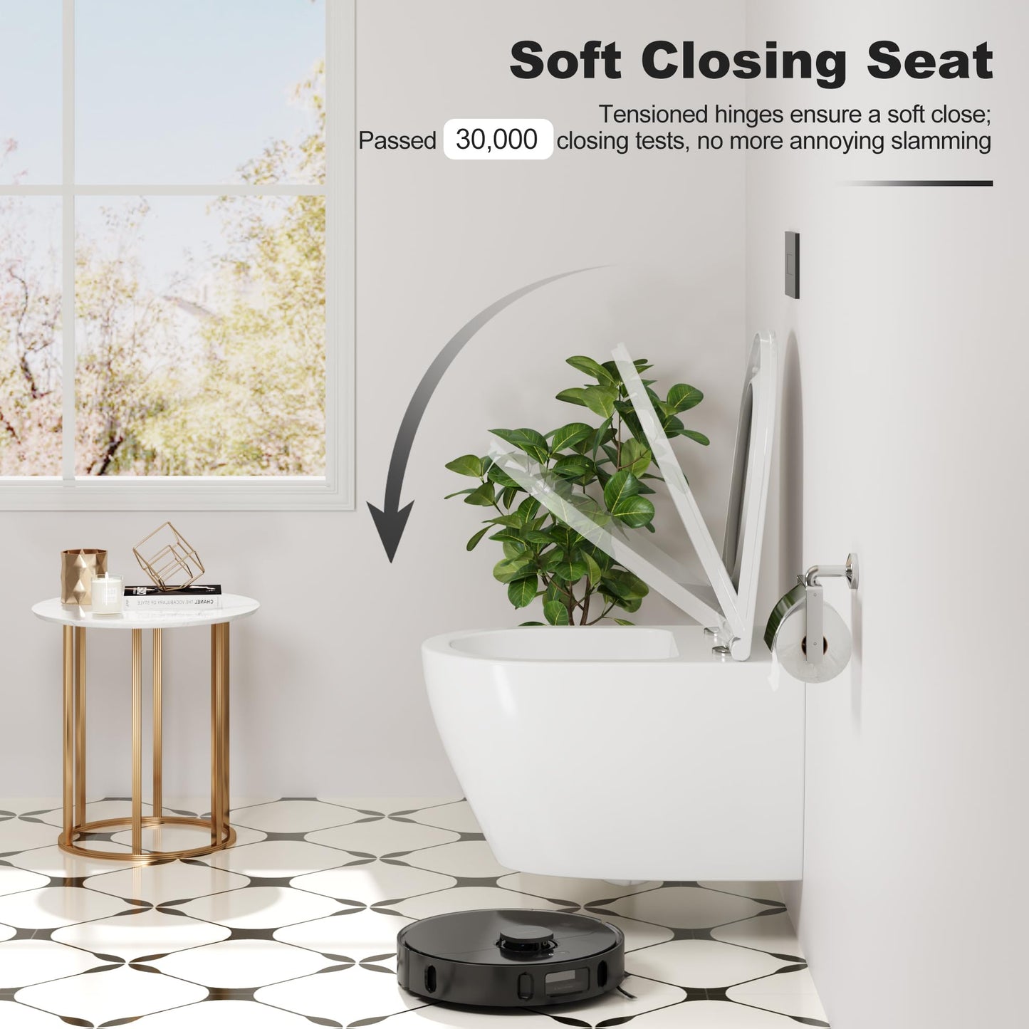 Hängend WC Spülrandlos Toilette, Wand-WC Set aus Keramik mit Toilettendeckel Abnehmbaren Absenkautomatik Effizienter Spültechnik Hängetoilette, D-Form,Lang 51cm, Weiß
